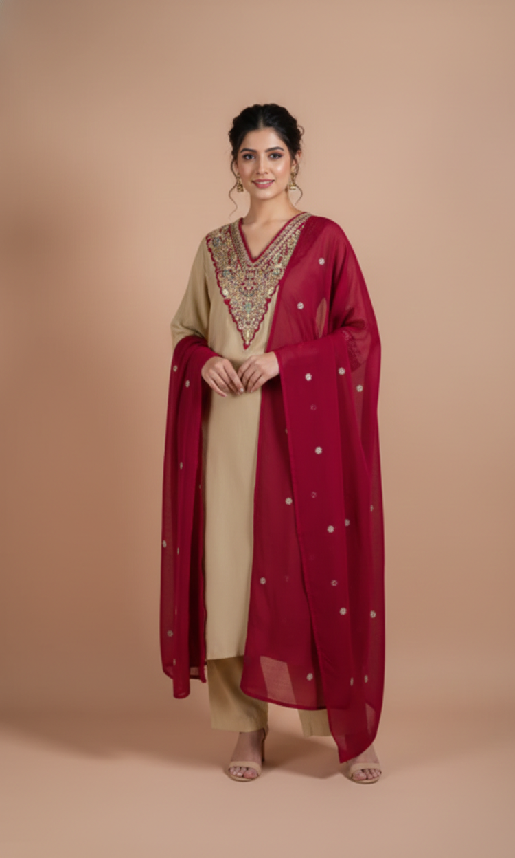 Afreen Ivory Soft Silk Blend Readymade Suit Set Sterling House