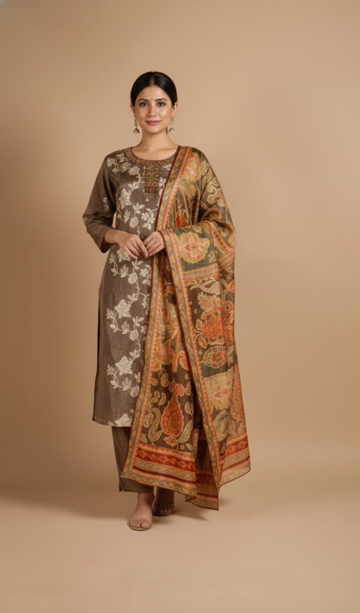 Anokhi Rich Brown Crepe Silk Blend Suit Set