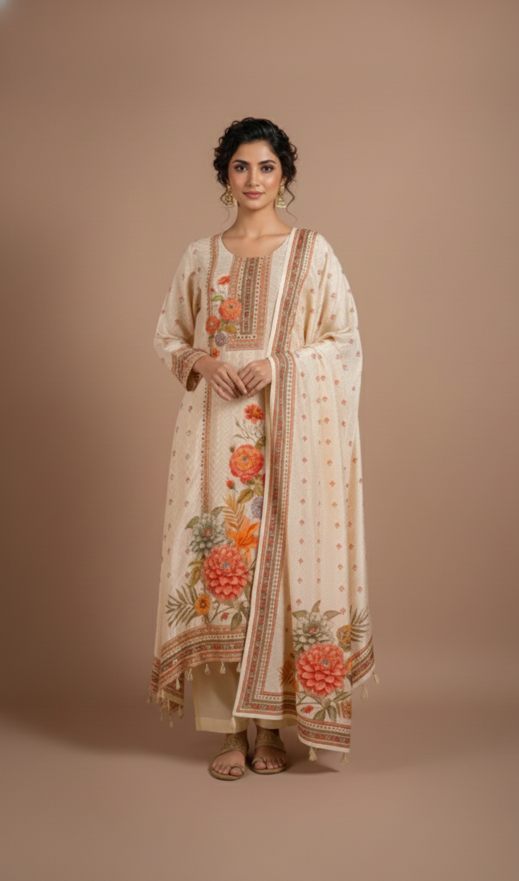 Afreen Ivory Printed Muslin Suit Set