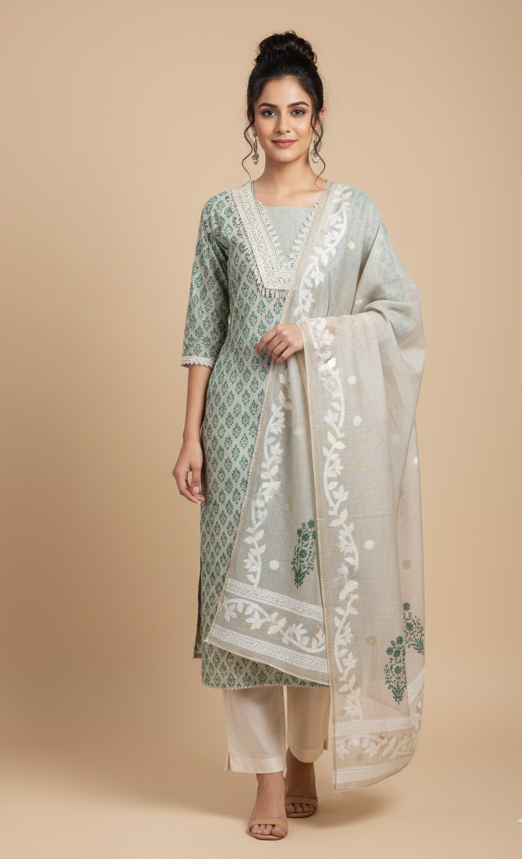 Luxe Pista Green Chanderi Printed Suit Set