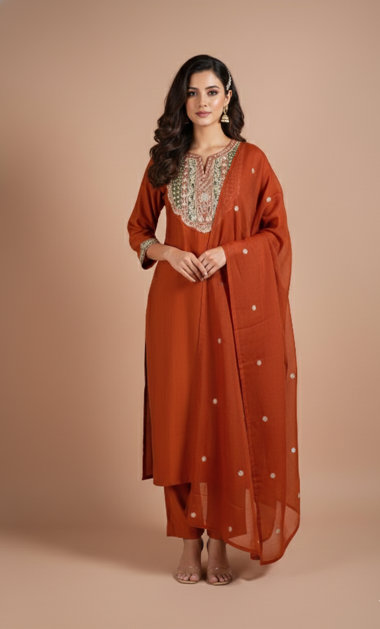 Afreen Muslin Rust Orange Readymade Suit Set
