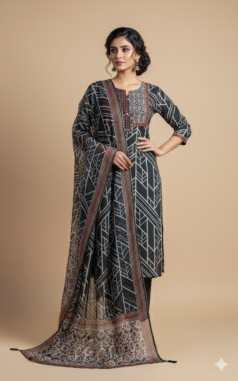 Roze Black & White Muslin Unstitched Suit Set