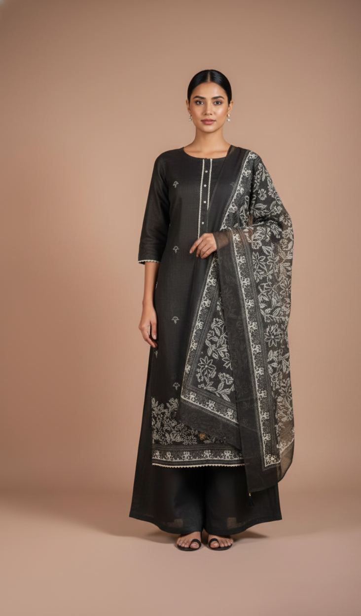 Linen Cotton Black Unstitched Suit Set