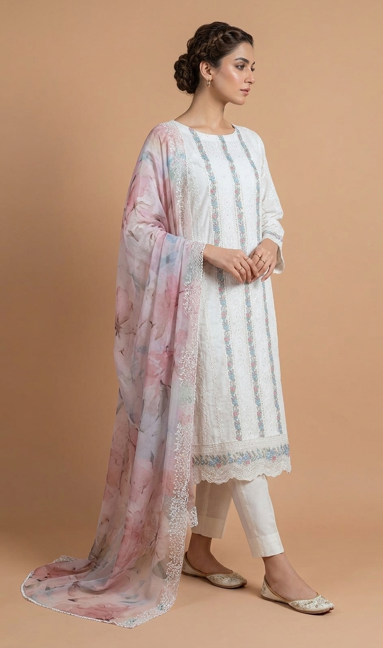 Roze Cotton White Unstitched Suit Set