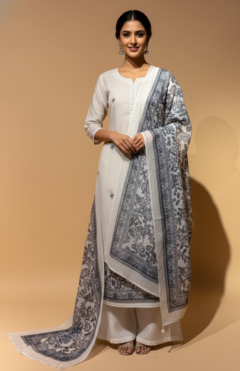 Linen Cotton off -white Unstitched Suit Set