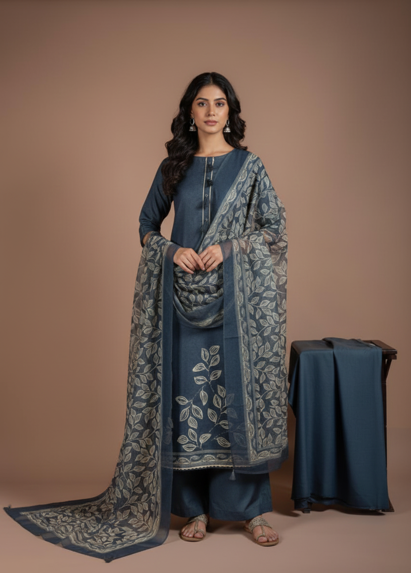 Linen Cotton Navy Blue Unstitched Suit Set Sterling House