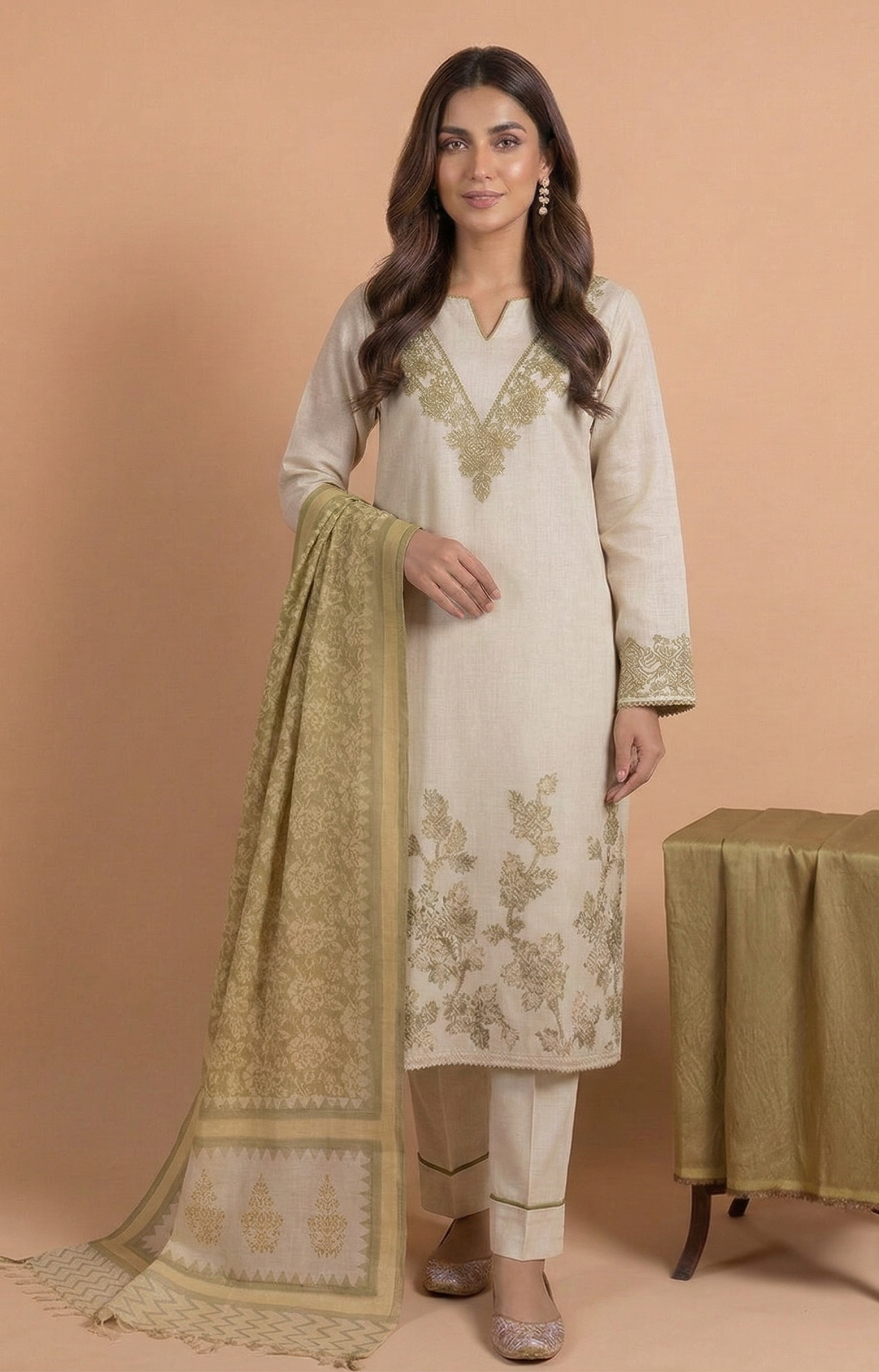Afreen Khadi Cotton White With Green Unstitched Suit Set Sterling House