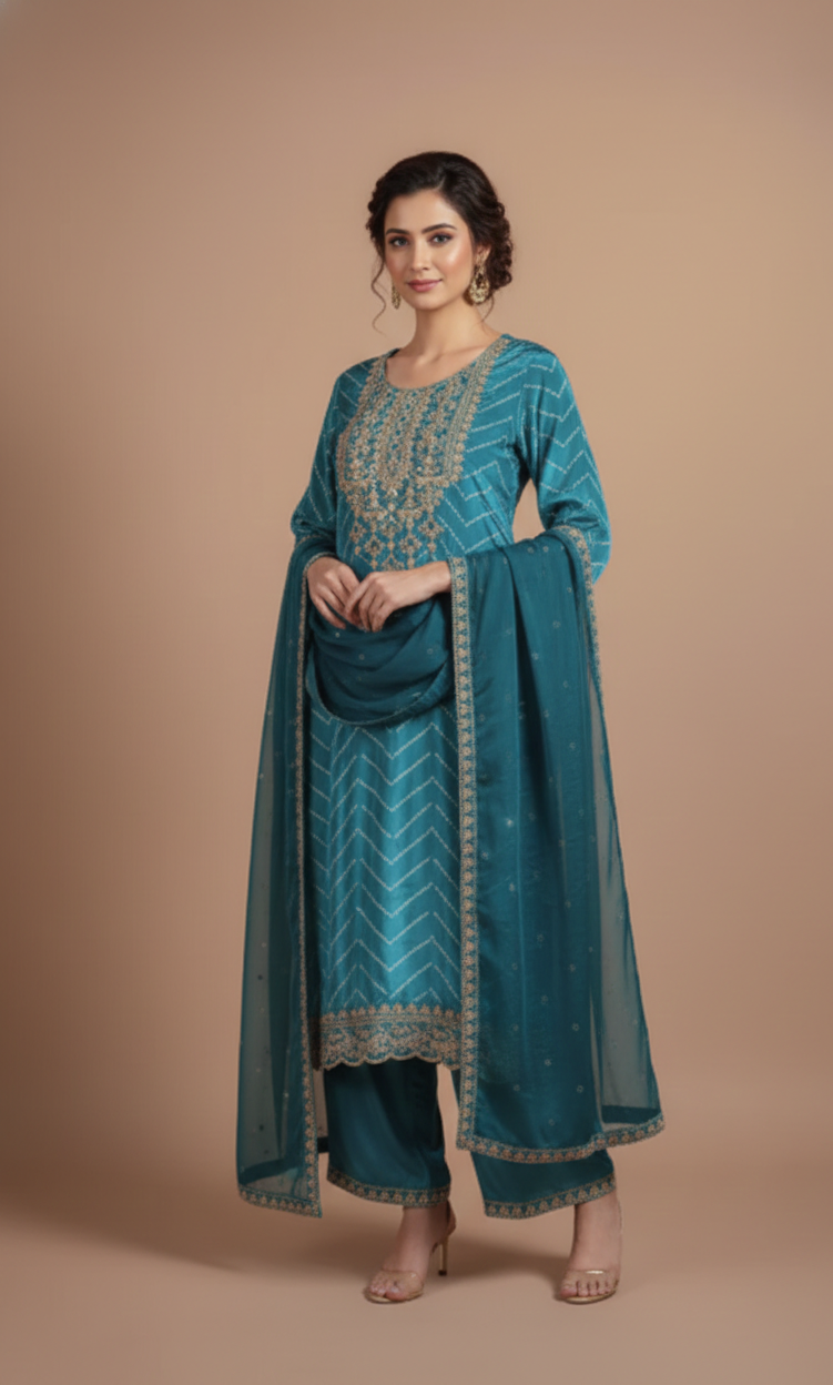 Luxe Blue Soft Shimmer Silk Readymade Suit Set