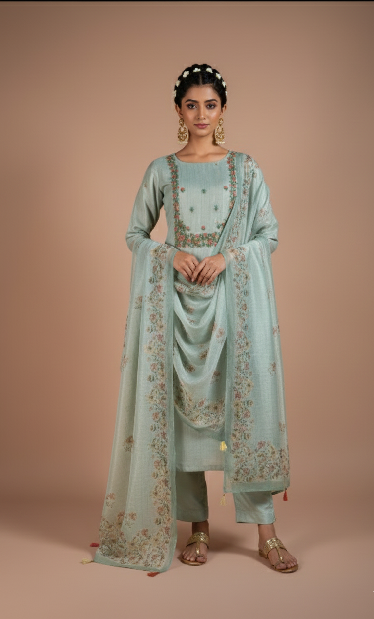 Afreen Blue Kota Shimmer Blend Unstitched Suit Set Sterling House