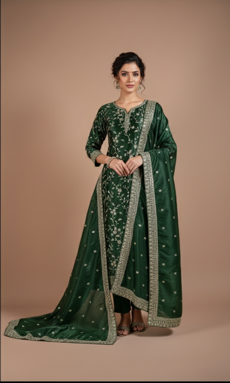 Luxe Green Soft Shimmer Organza Suit Set