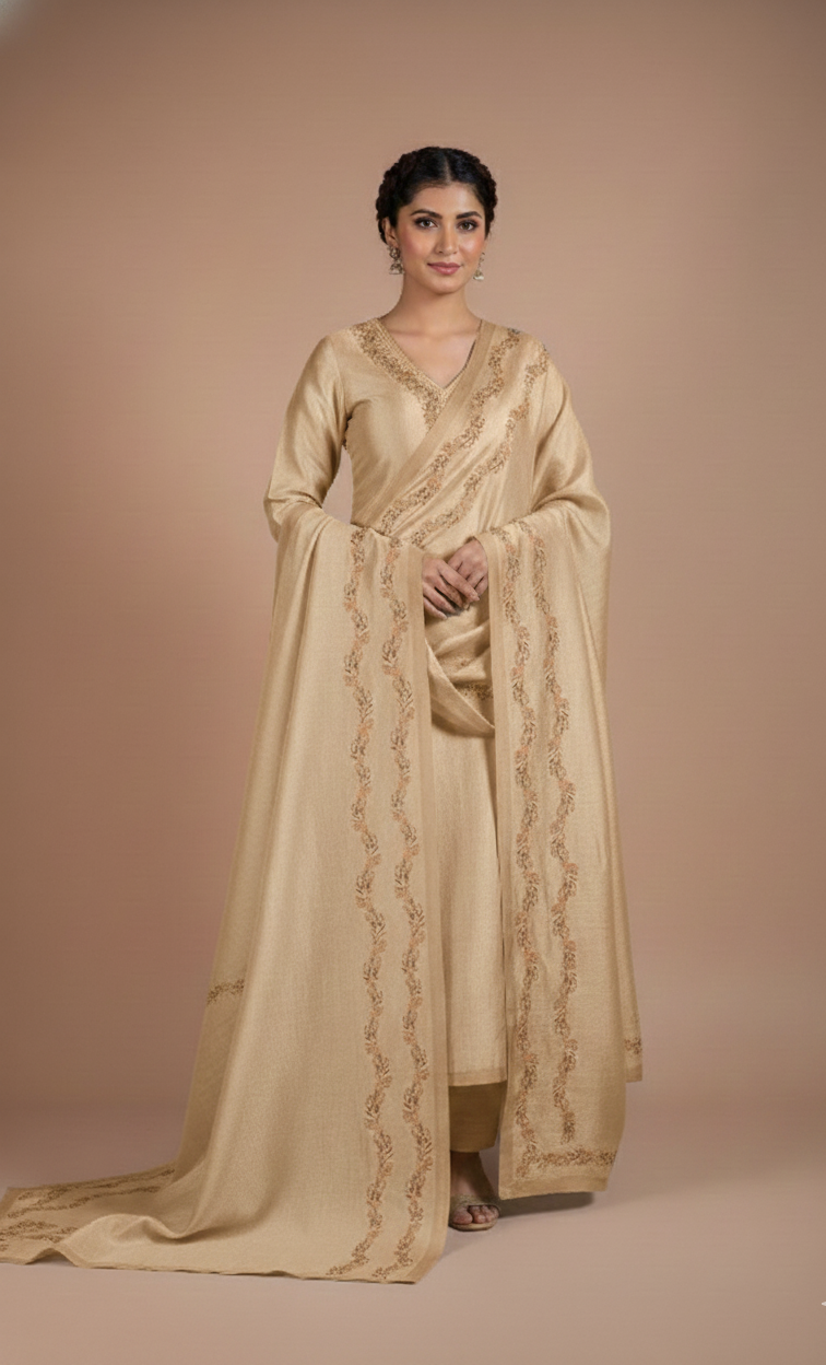 Luxe Beige Chanderi Silk Blend Unstitched Suit Set Sterling House