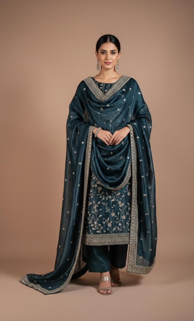 Luxe Blue Soft Shimmer Organza Suit Set