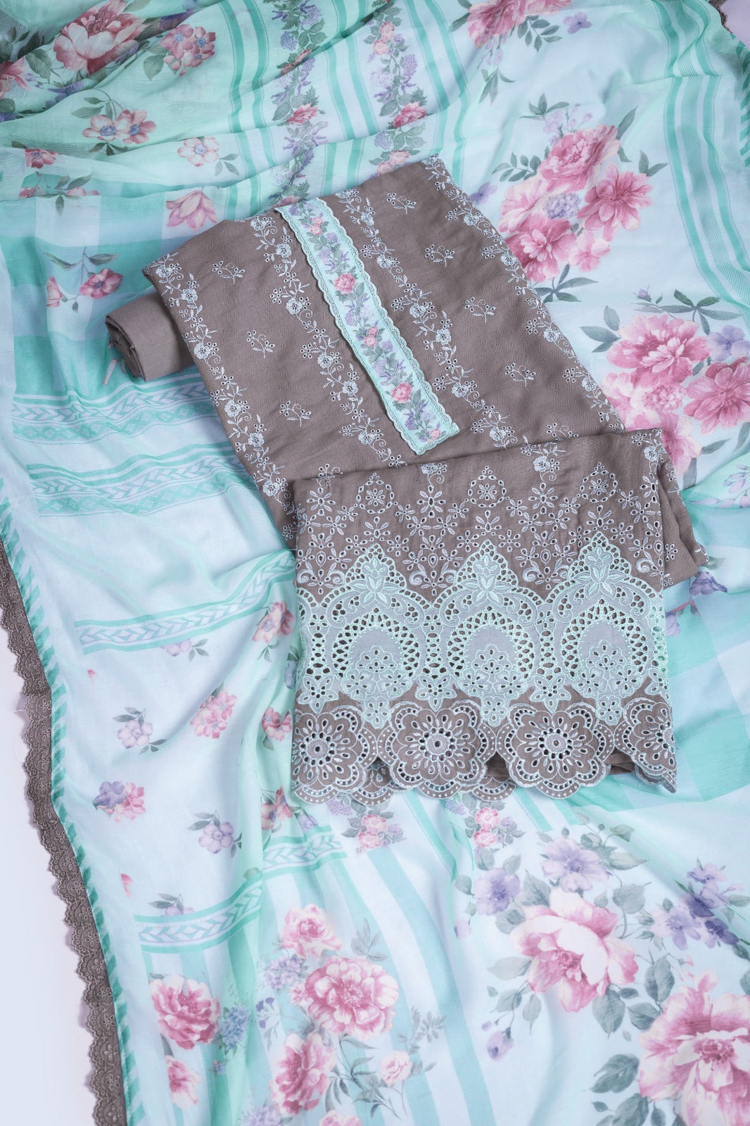 Linen Cotton Blue Embroidered Suit set