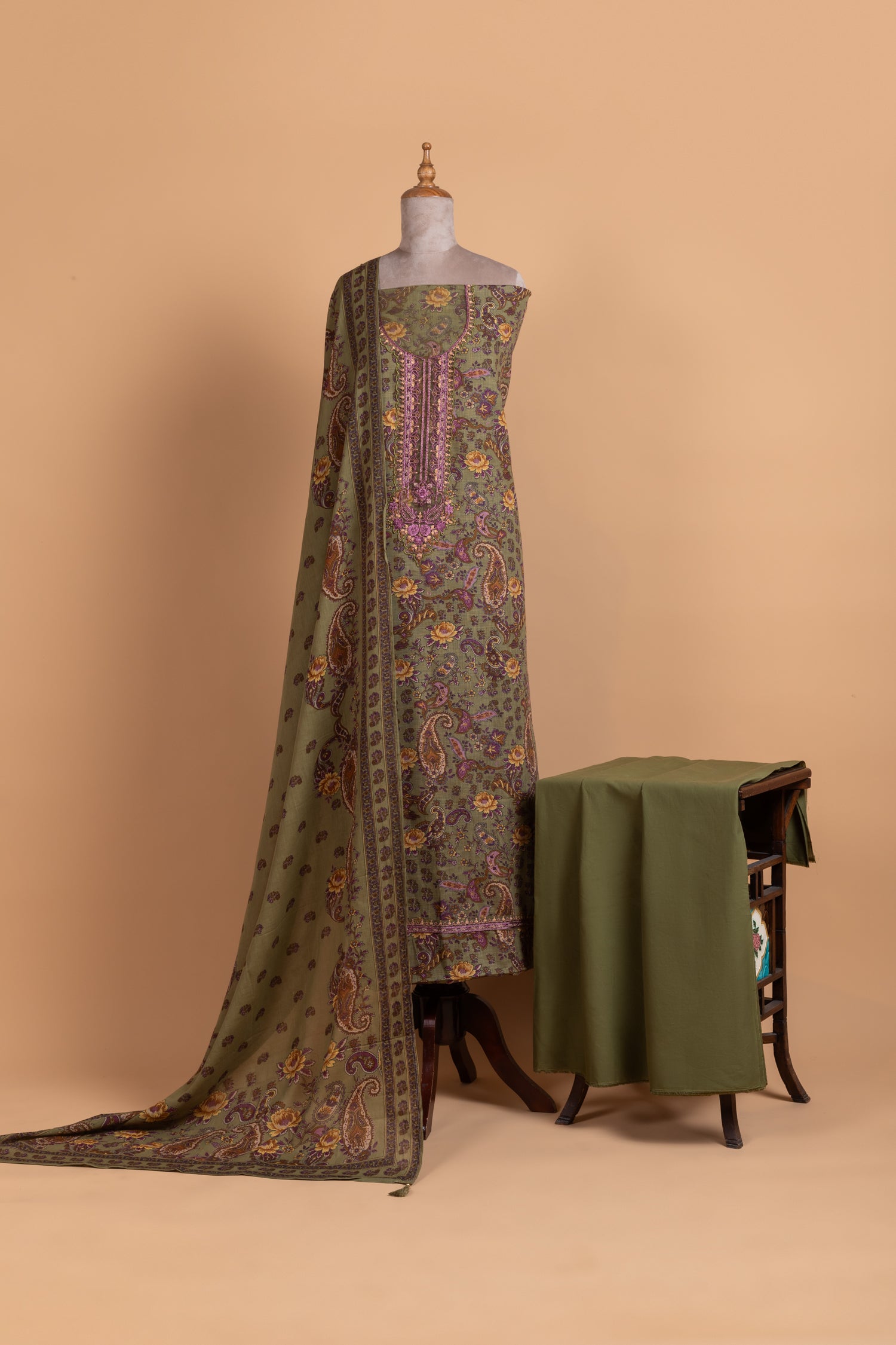 Afreen Olive Green Cotton Unstitched Suit set