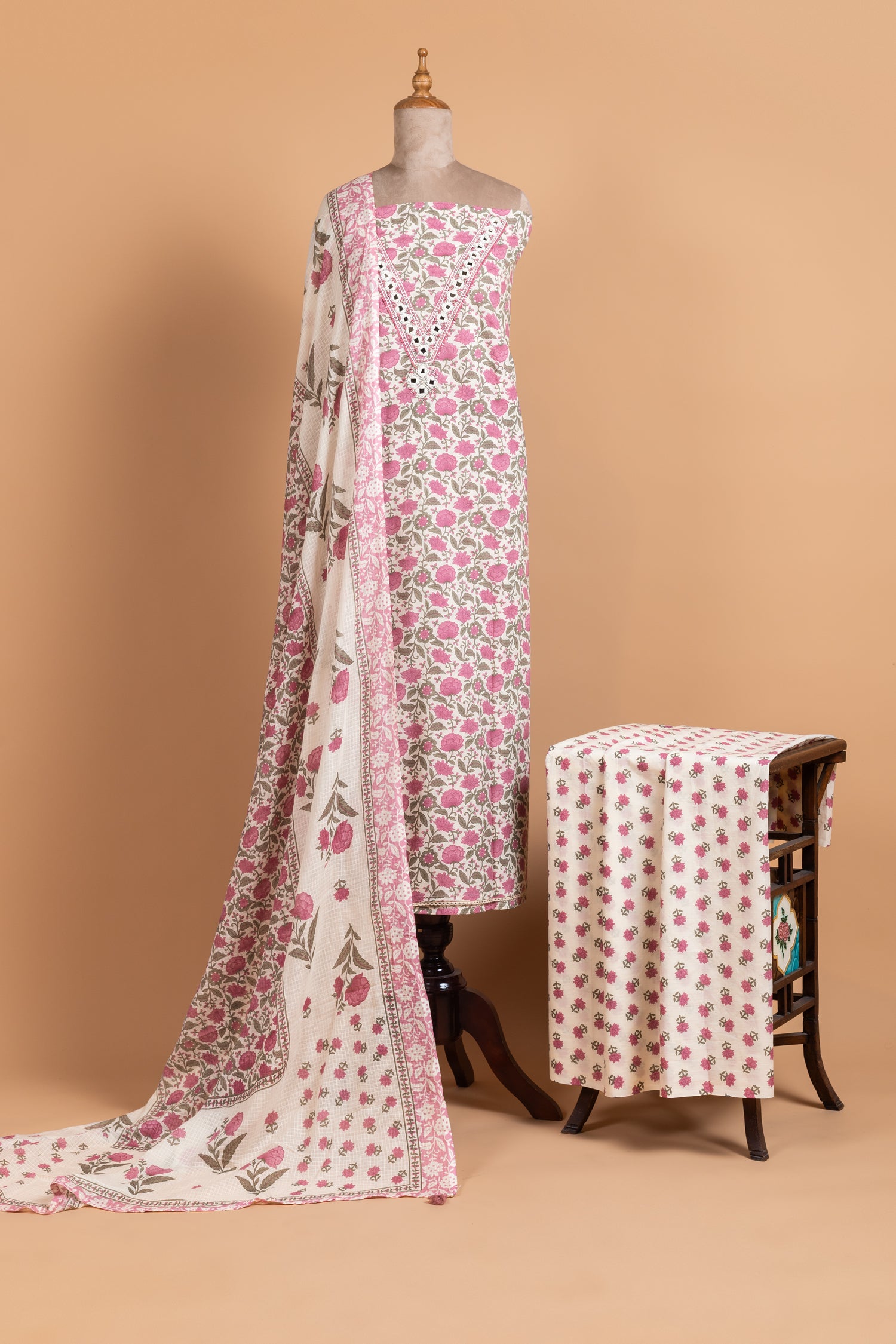 Afreen White With Pink Cotton Unstitched Suit Set