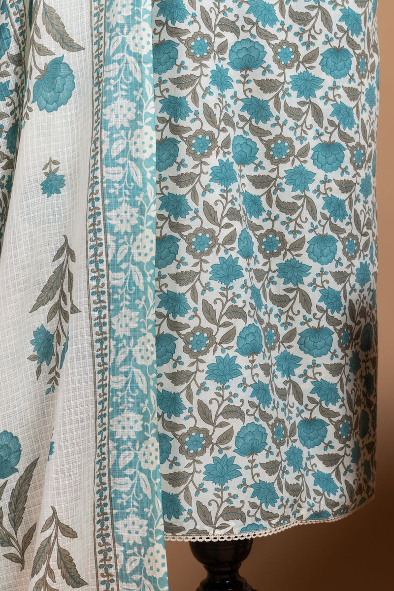 Afreen White With Blue Cotton Unstitched Suit Set