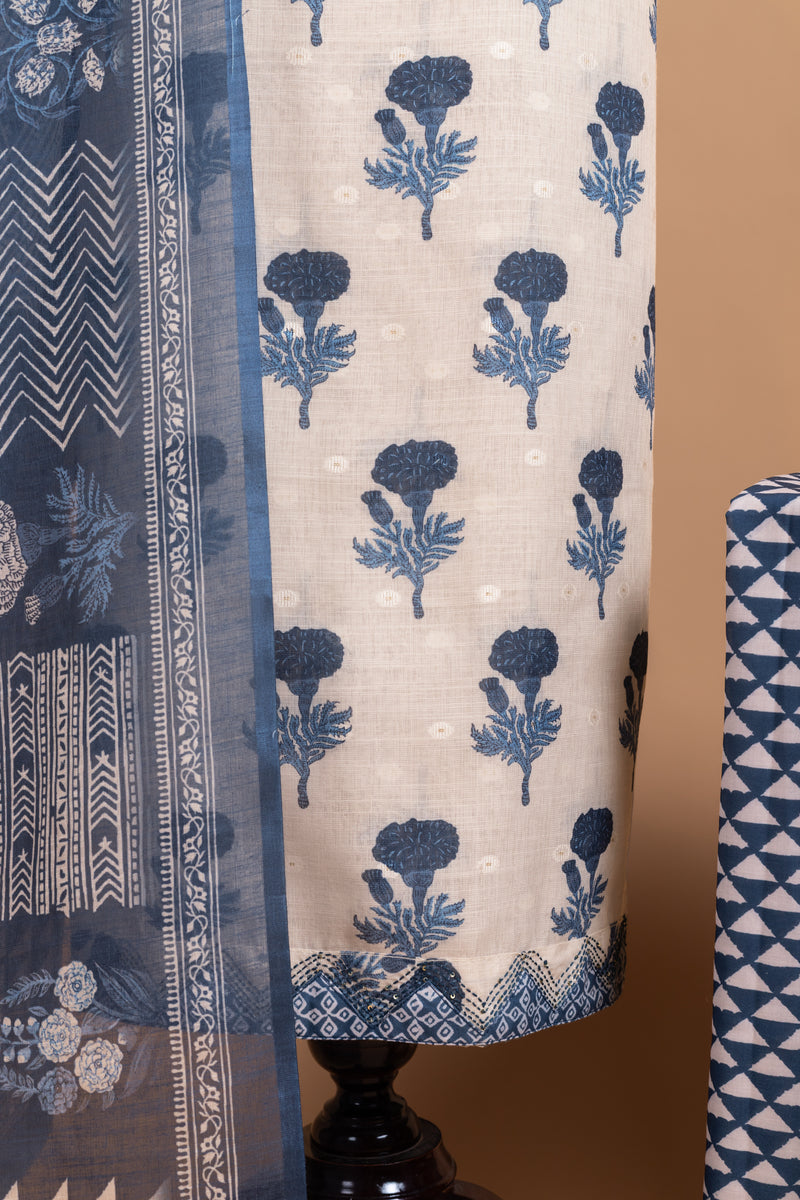 Afreen White With Indigo Unstitched Suit Set