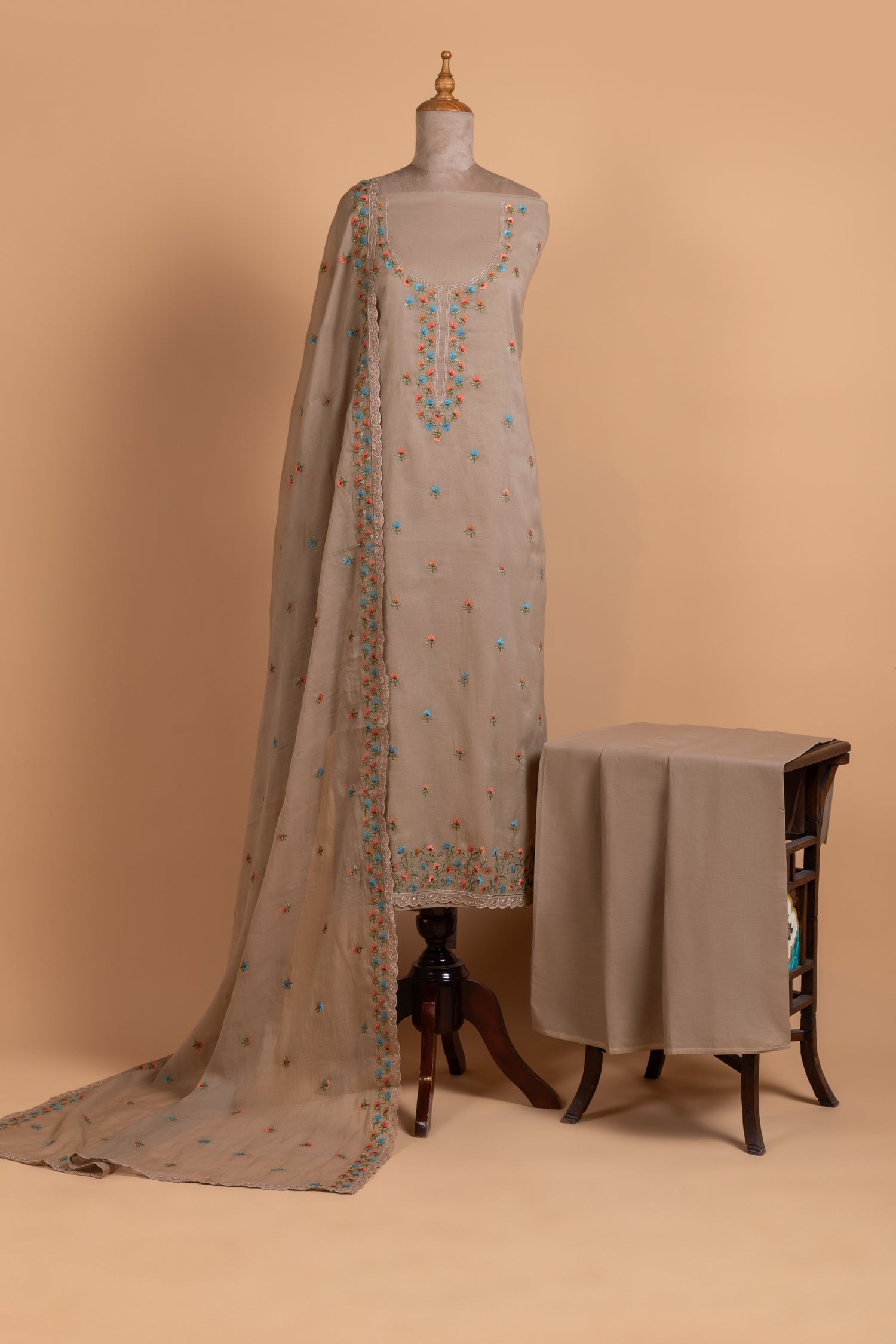 Anokhi Taupe Cotton Unstitched suit