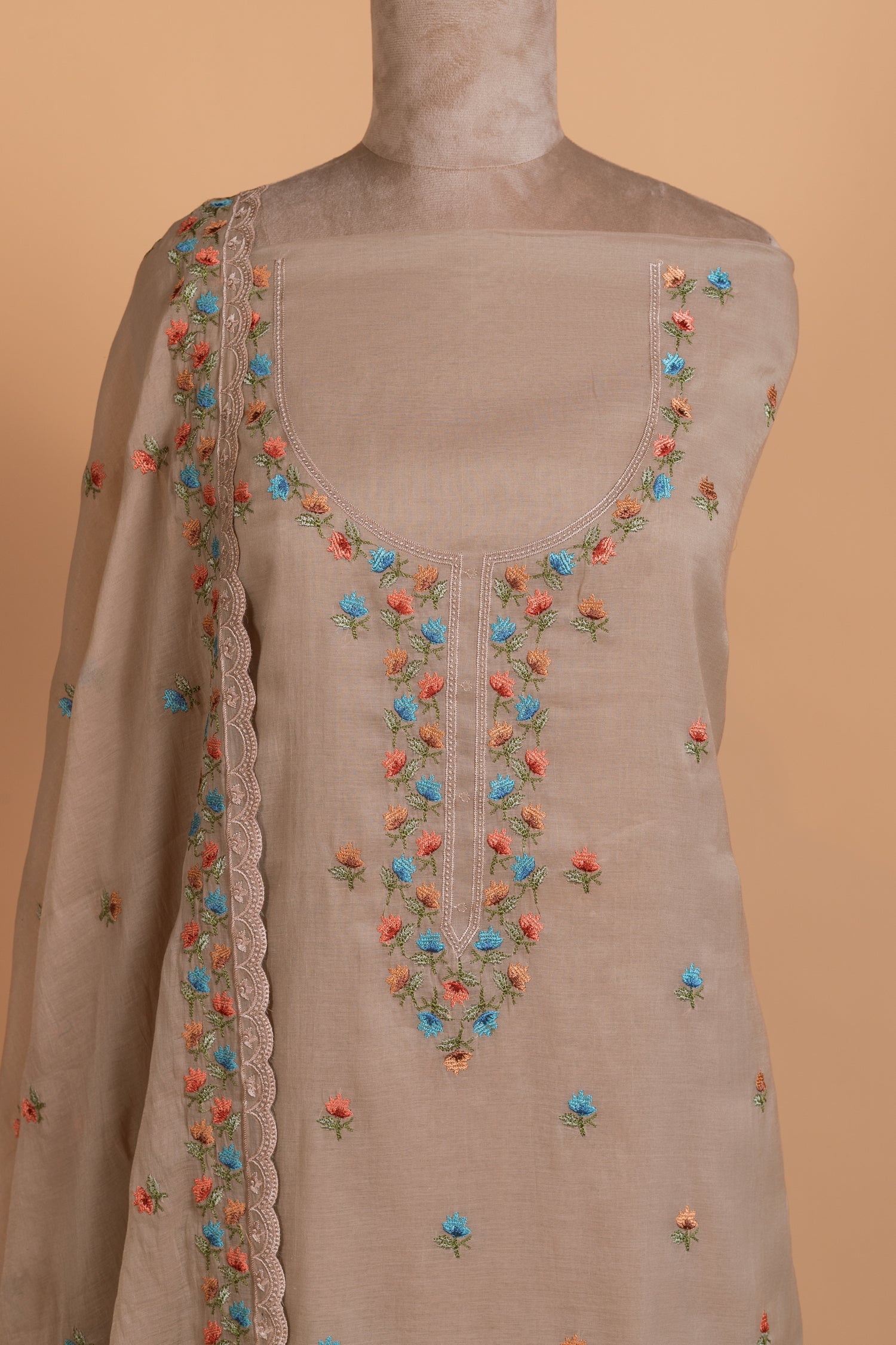 Anokhi Taupe Cotton Unstitched suit