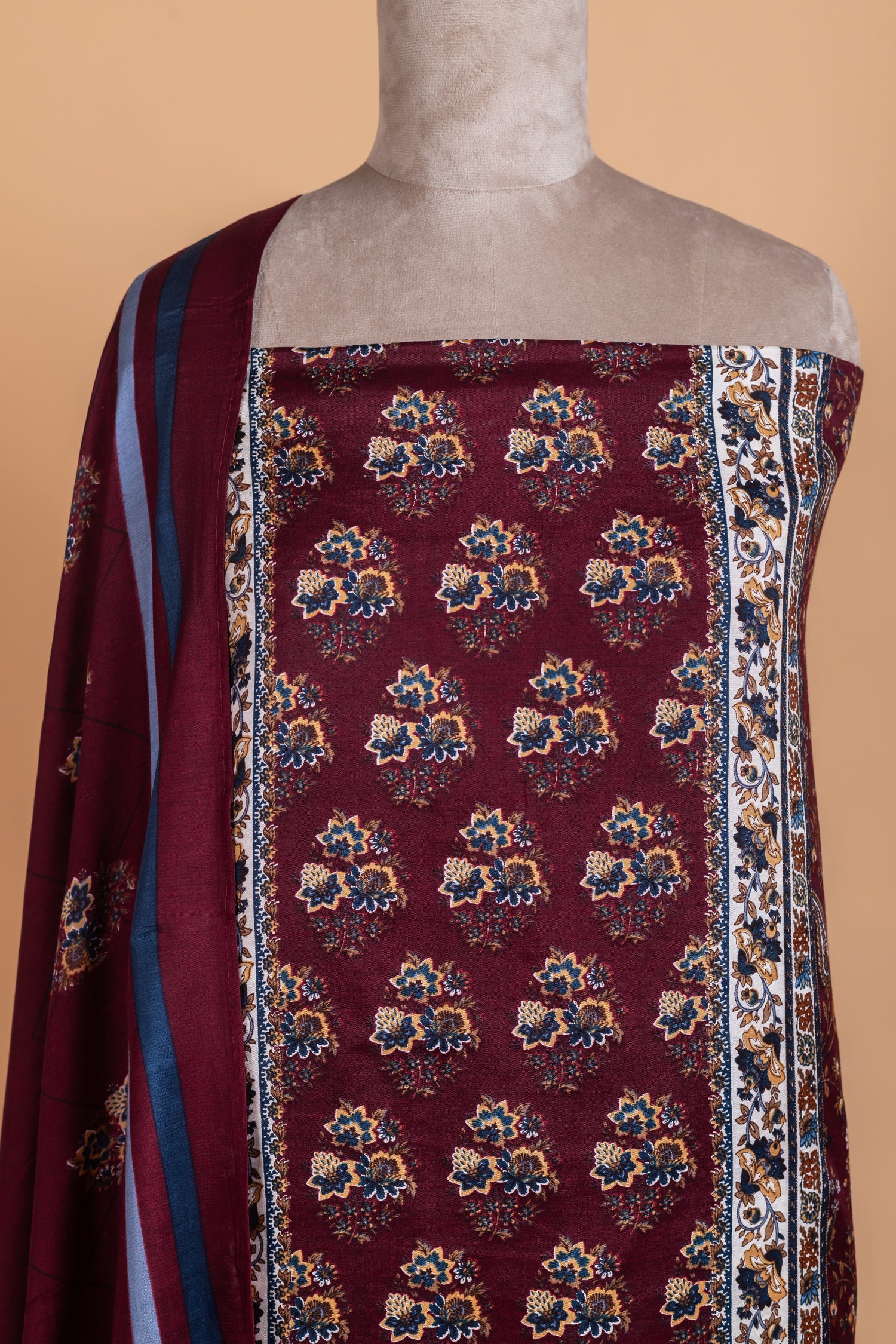 Anokhi Wine Cotton Unstitched Suit set