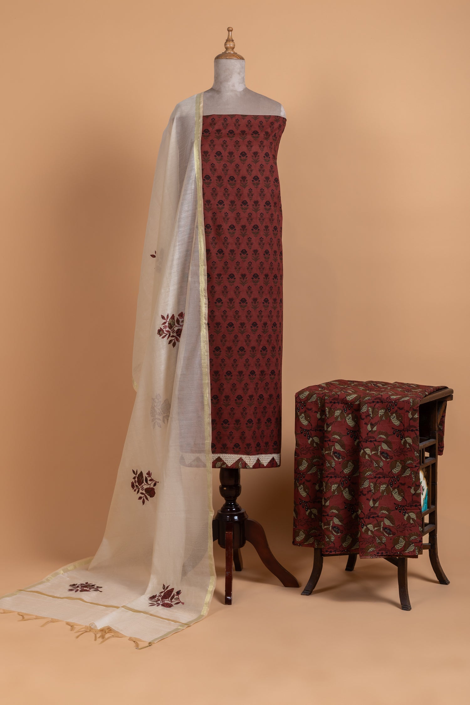 Roze Maroon Cotton Unstitched suit set