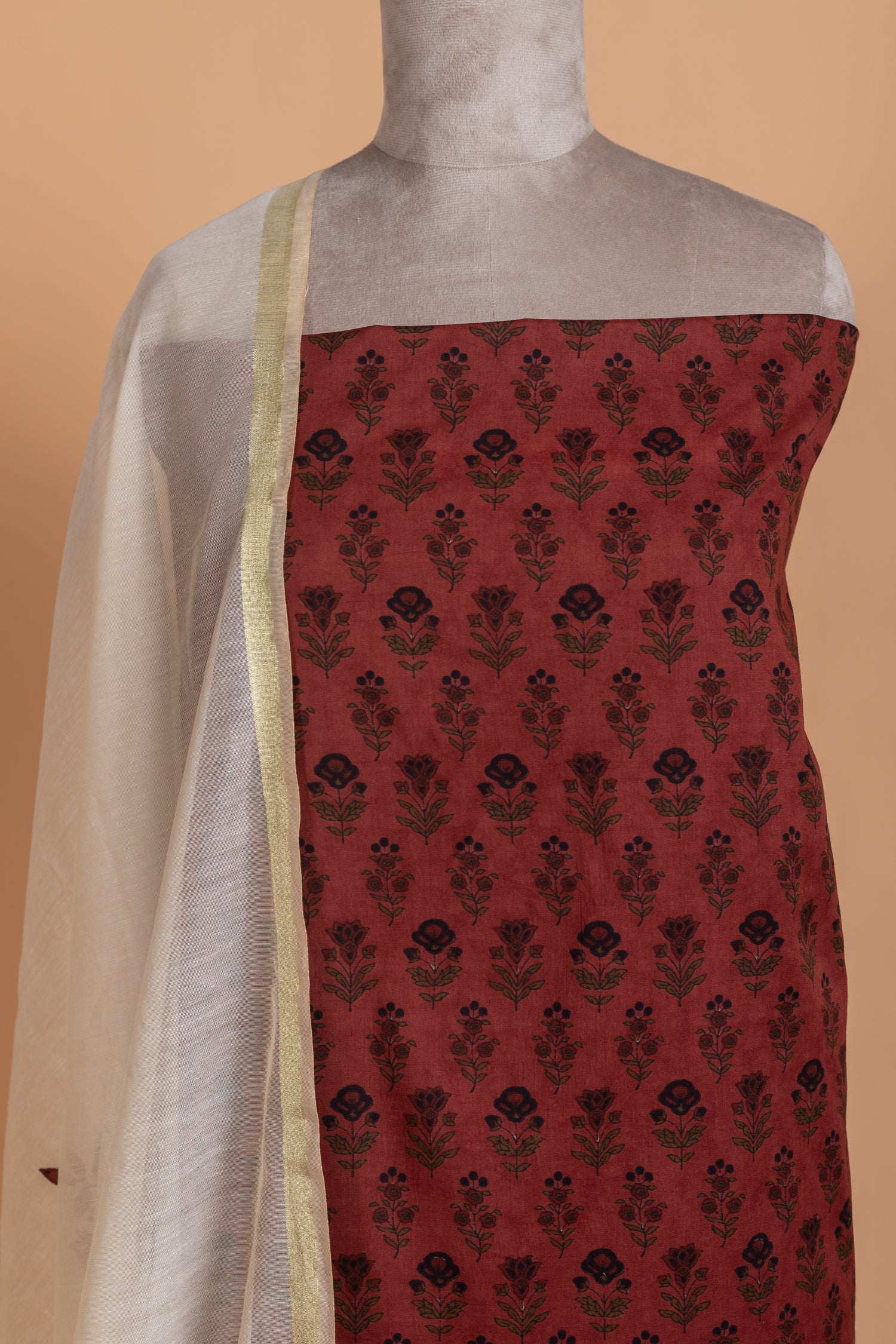 Roze Maroon Cotton Unstitched suit set