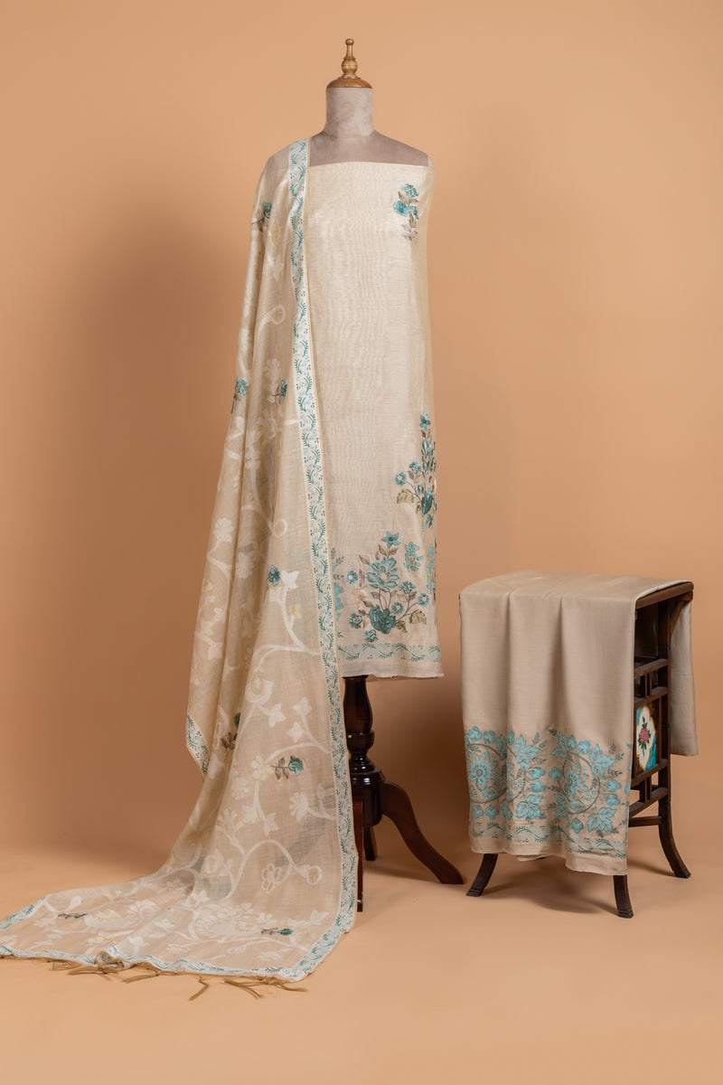 Linen Beige with Blue Cotton Unstitched suit