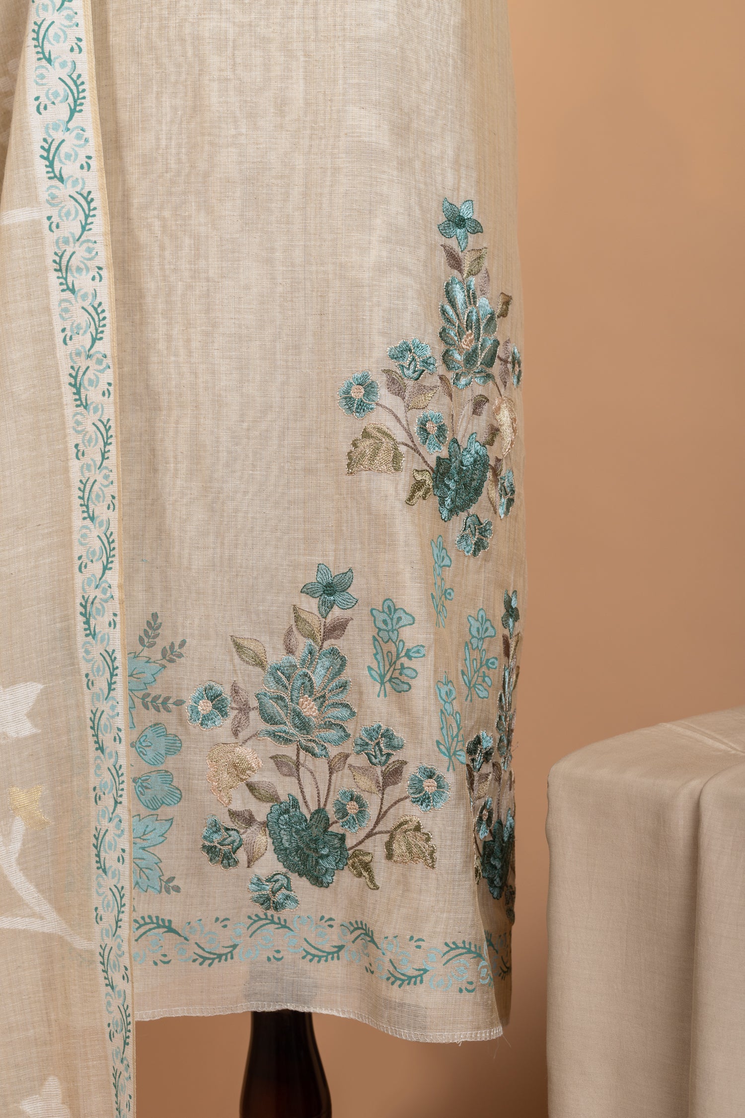 Linen Beige with Blue Cotton Unstitched suit set