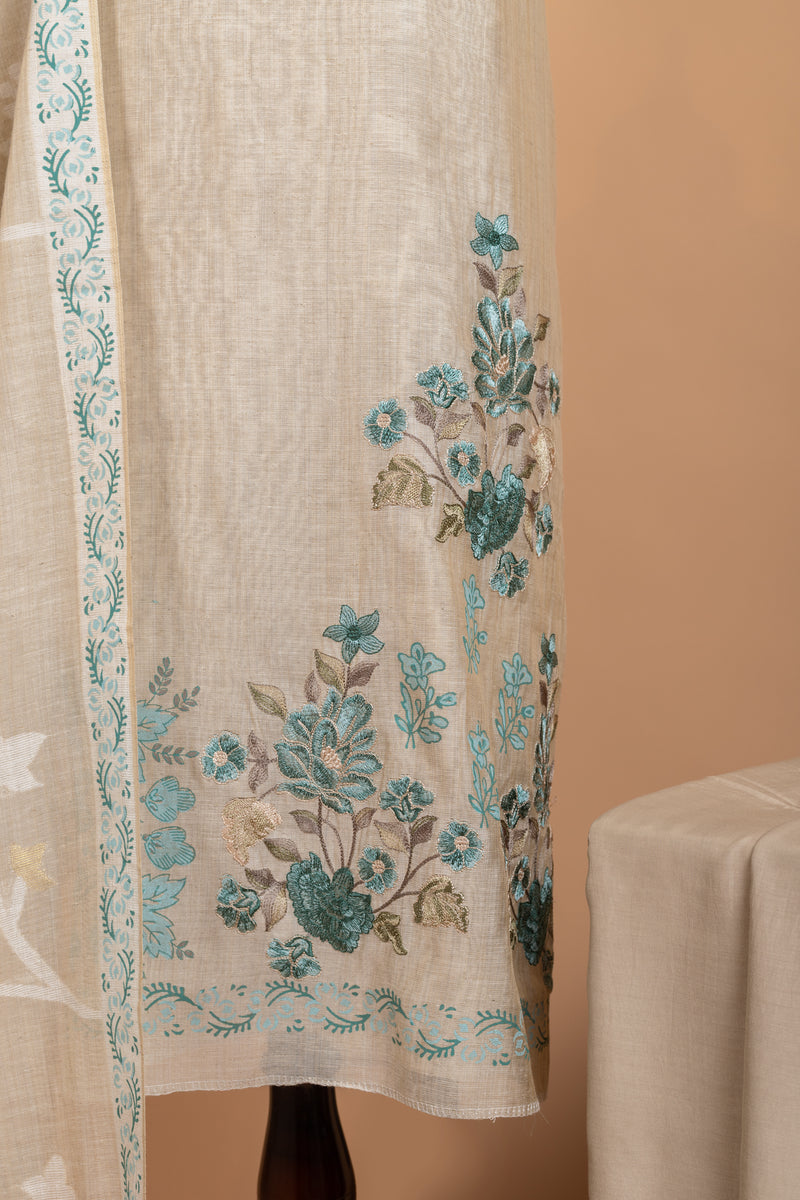 Linen Beige with Blue Cotton Unstitched suit
