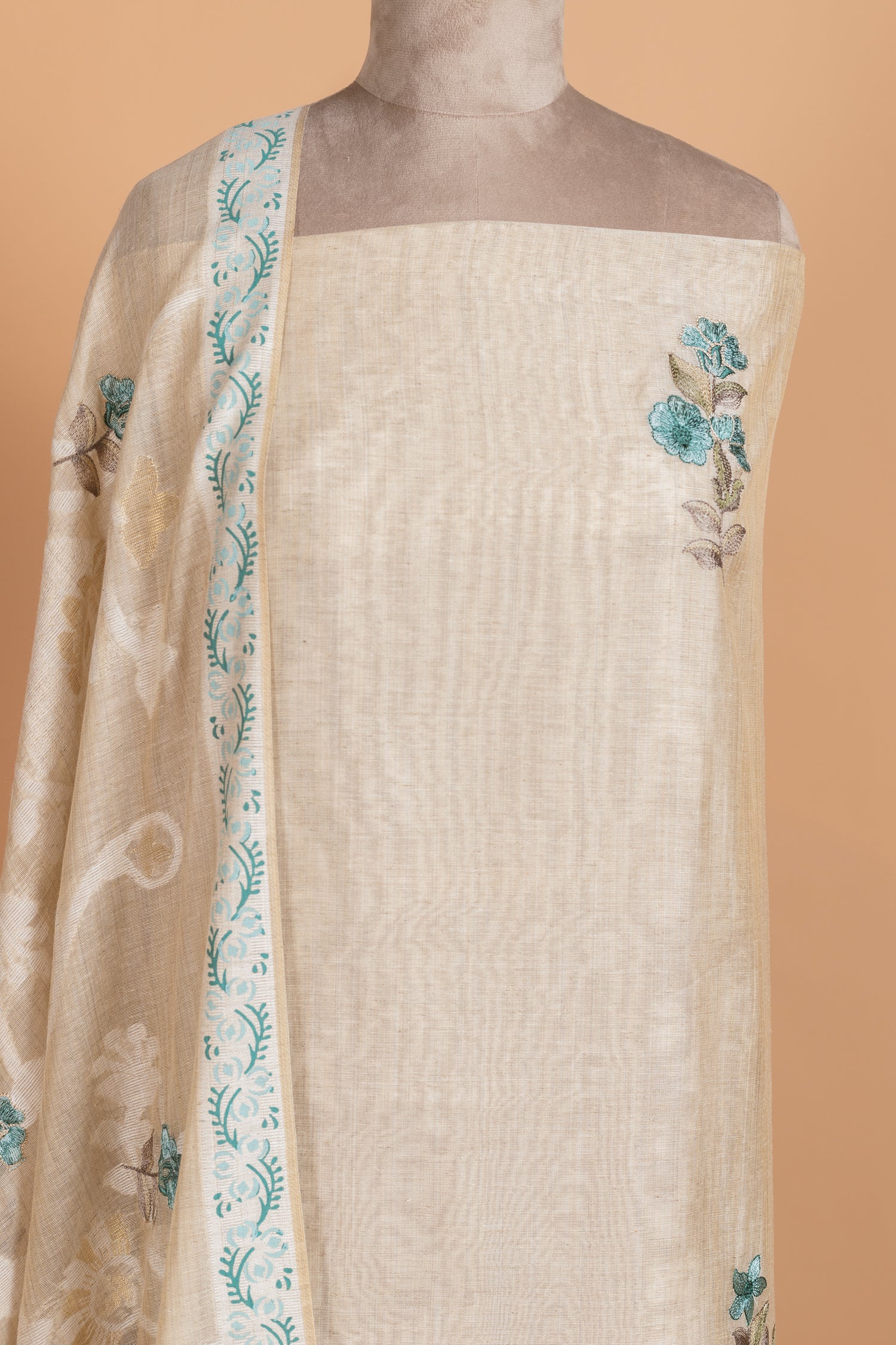 Linen Beige with Blue Cotton Unstitched suit set
