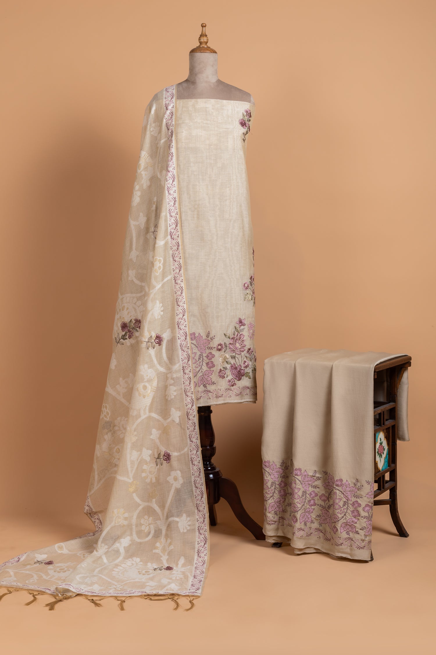 Linen Beige with Purple Cotton Unstitched suit set