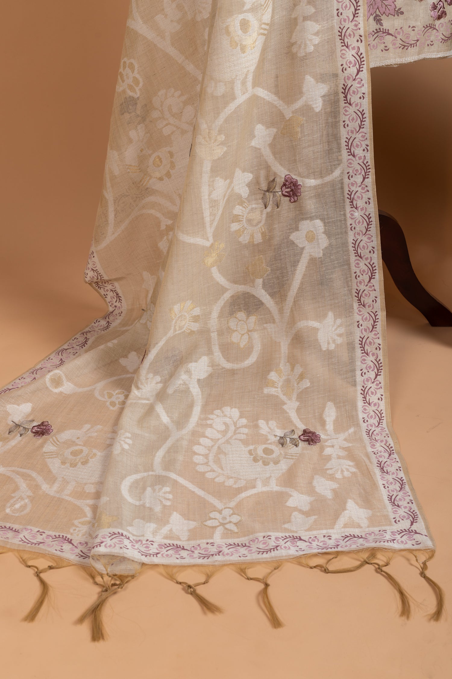 Linen Beige with Purple Cotton Unstitched suit set