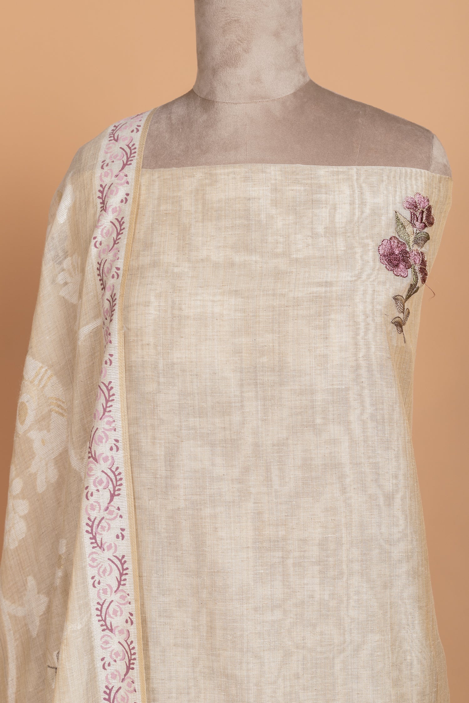 Linen Beige with Purple Cotton Unstitched suit set