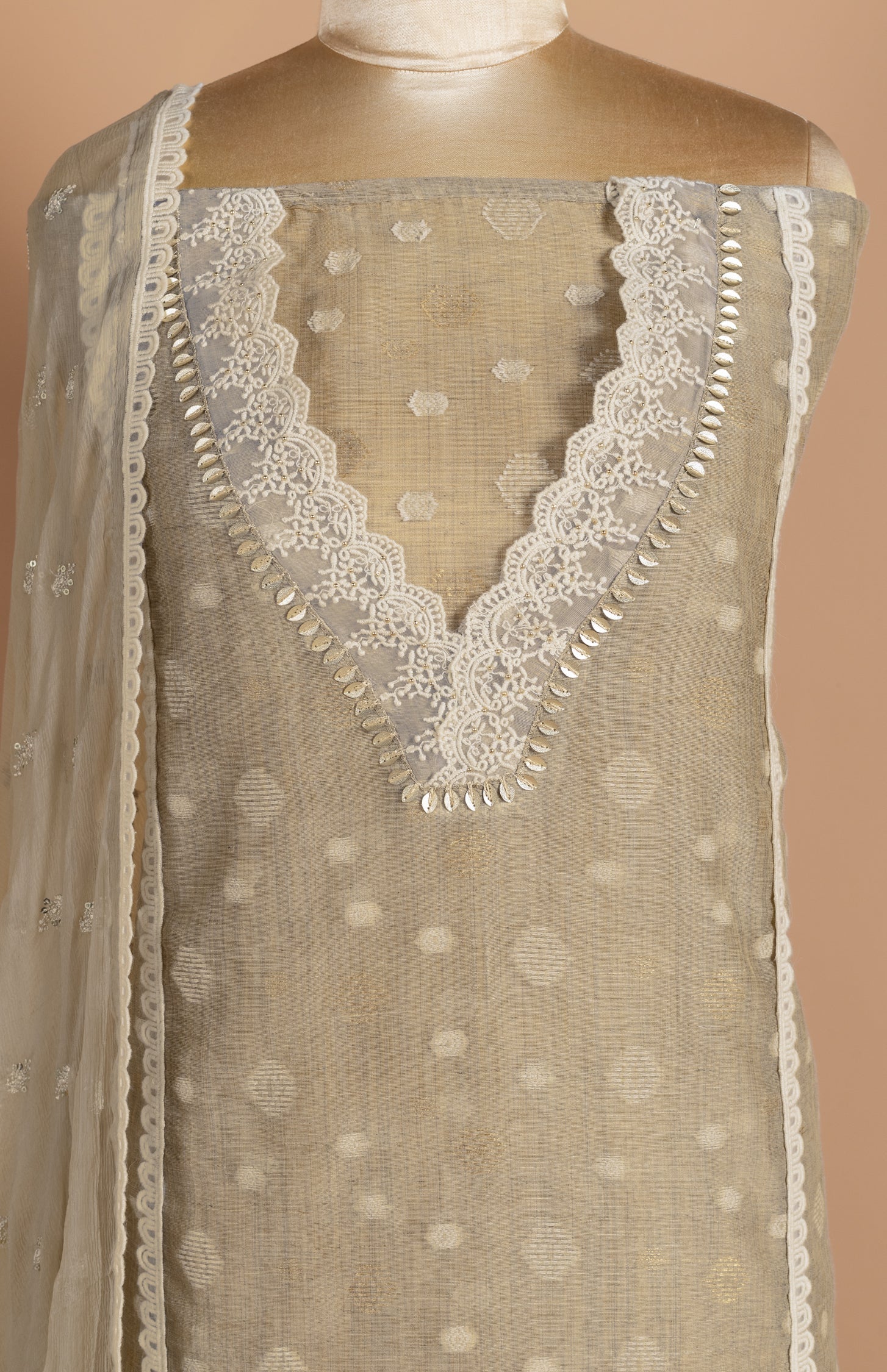 Luxe Linen Silk Beige Unstitched suit set Sterling House