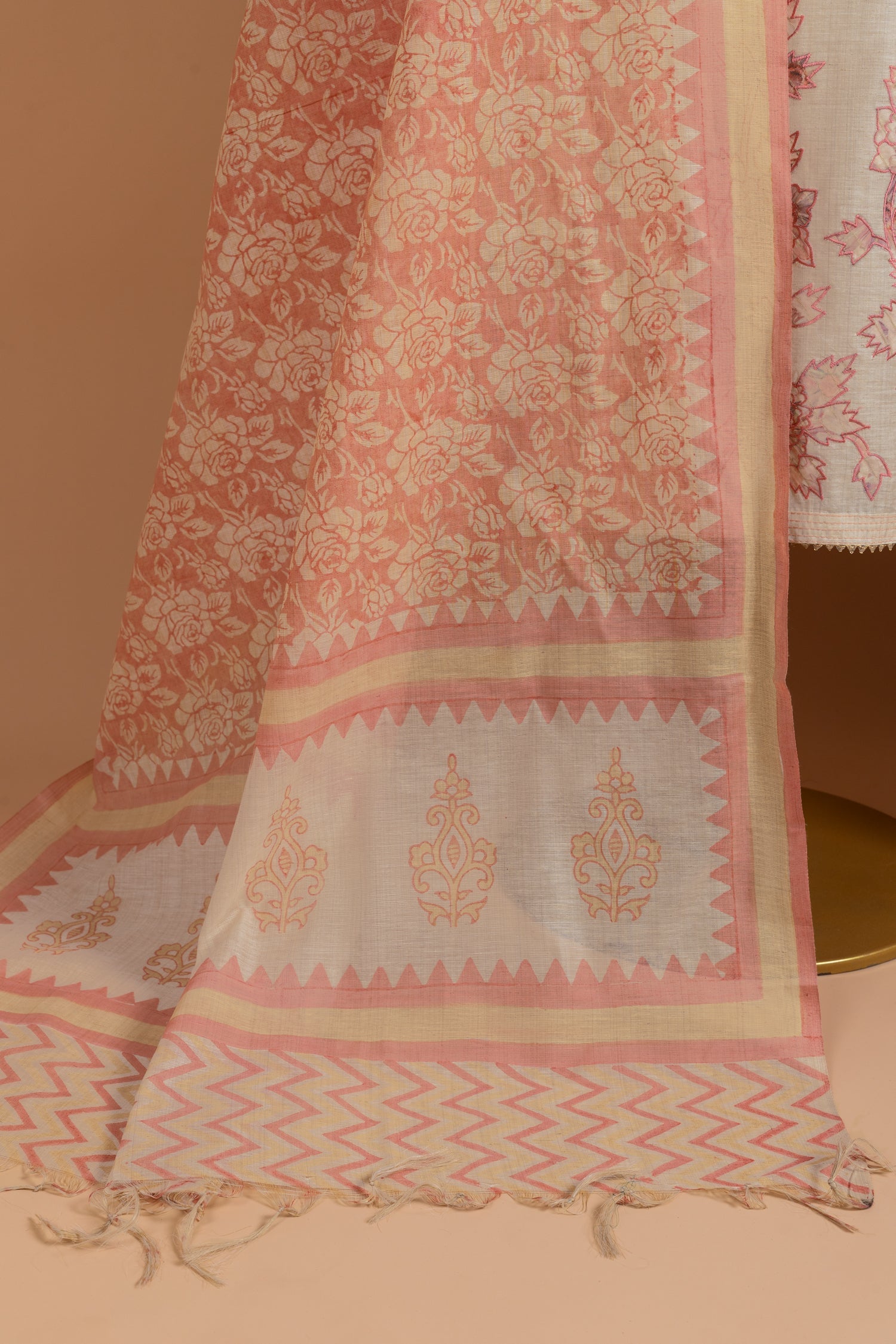 Afreen Khadi Cotton White With Peach Unstitched Suit Set Sterling House