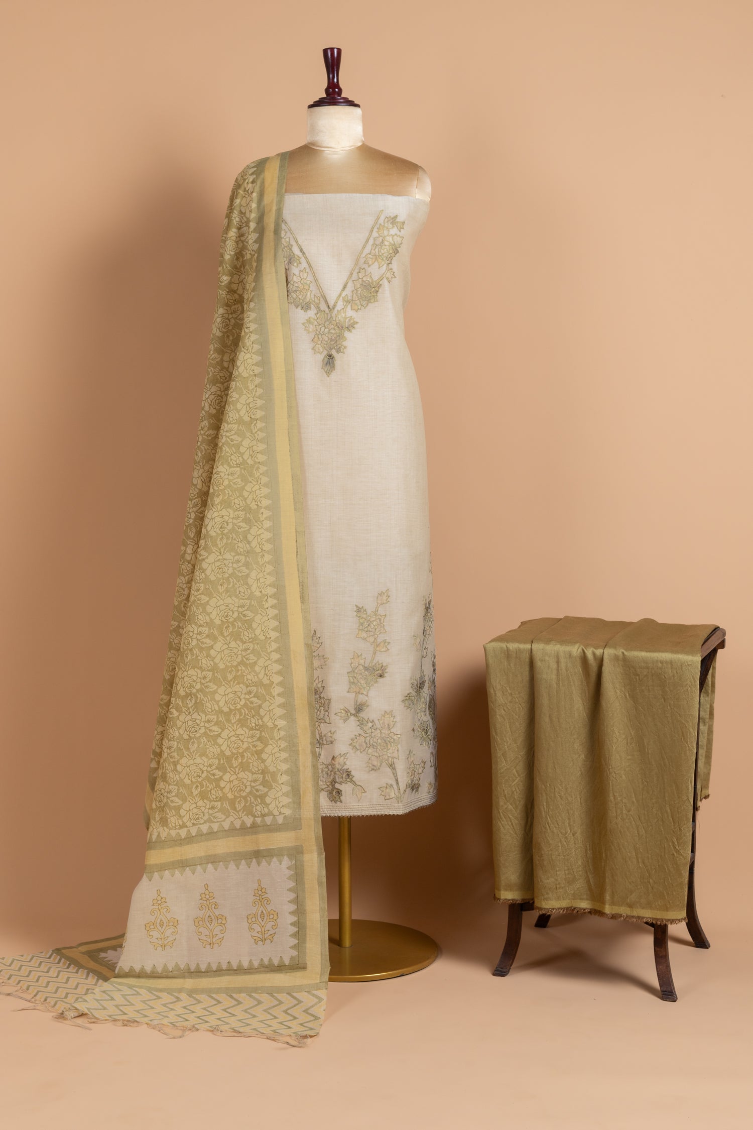 Afreen Khadi Cotton White With Green Unstitched Suit Set Sterling House