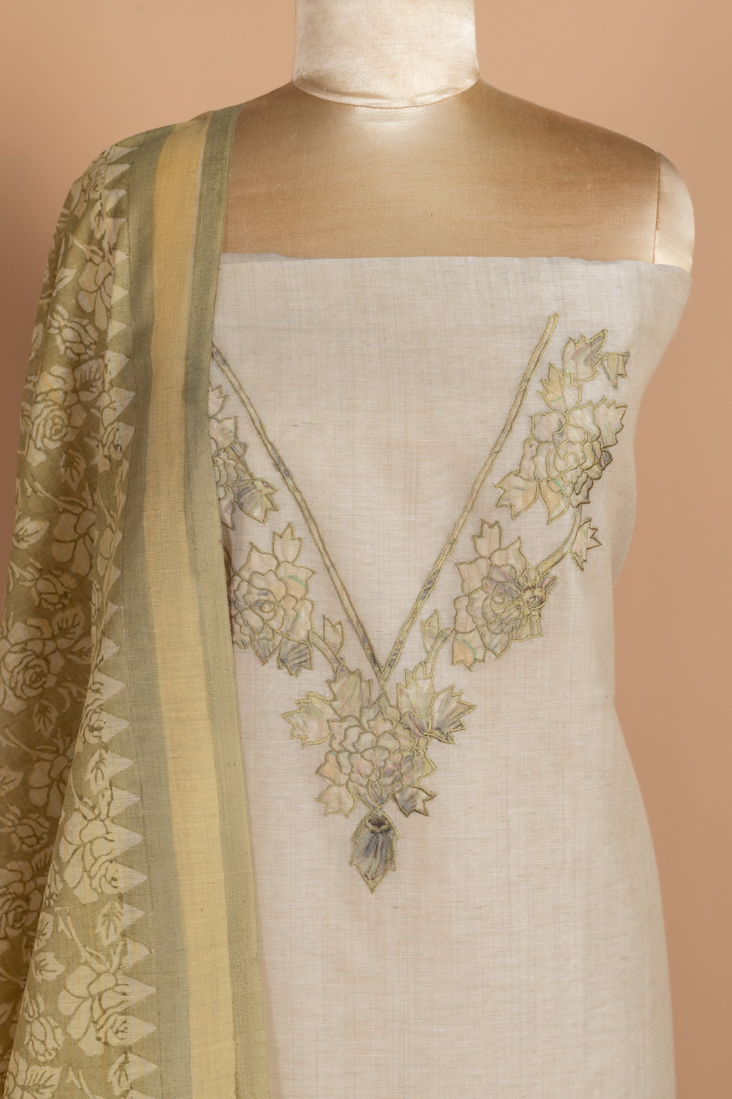 Afreen Khadi Cotton White With Green Unstitched Suit Set Sterling House
