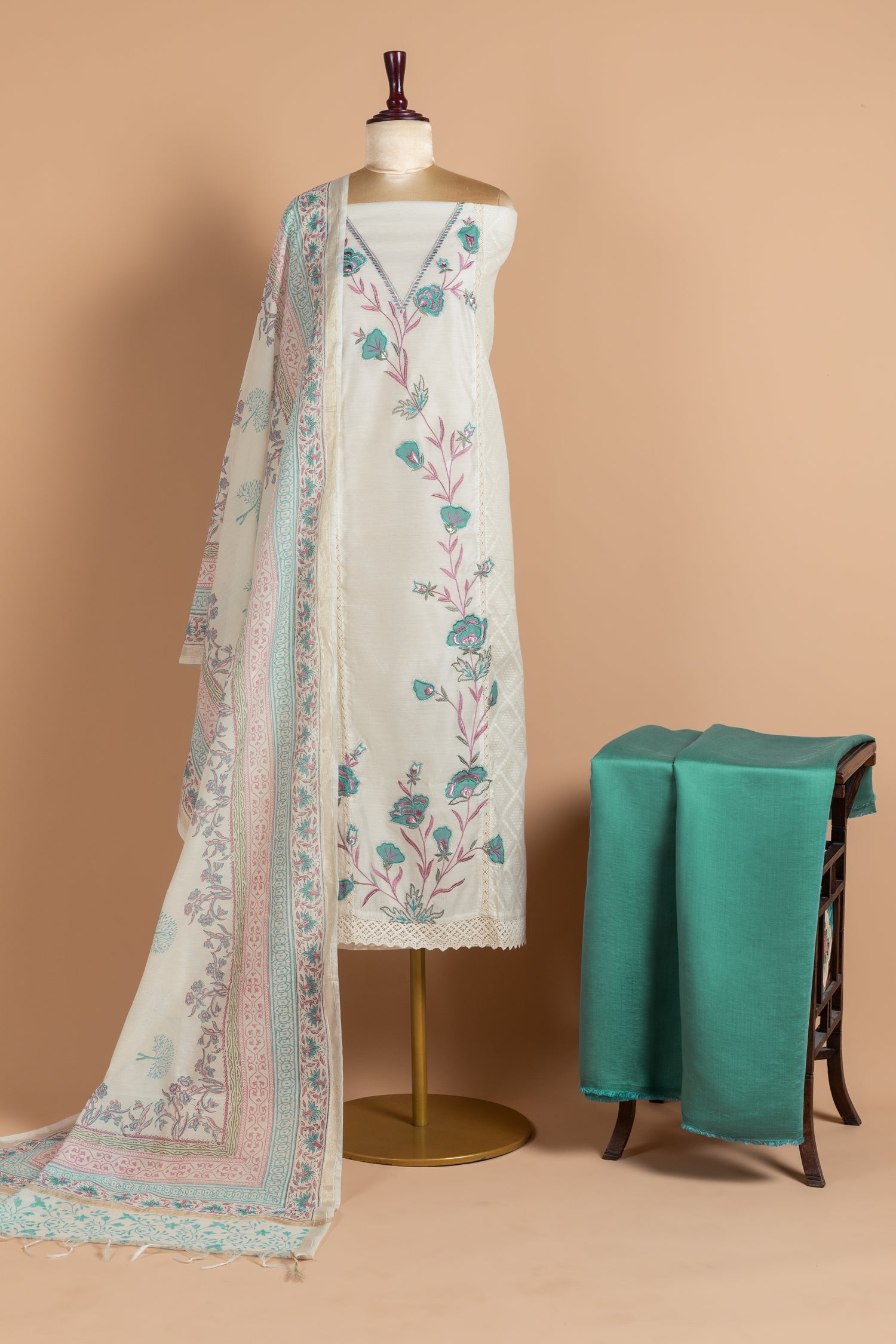 Luxe Chanderi Silk White With Teal Unstitched Suit Set Sterling House