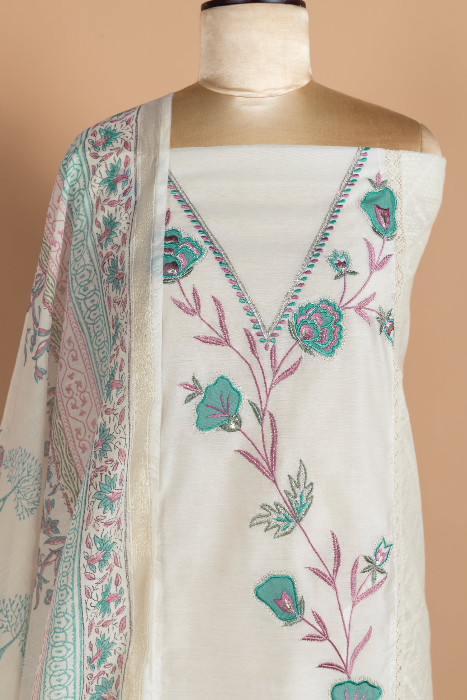 Luxe Chanderi Silk White With Teal Unstitched Suit Set Sterling House