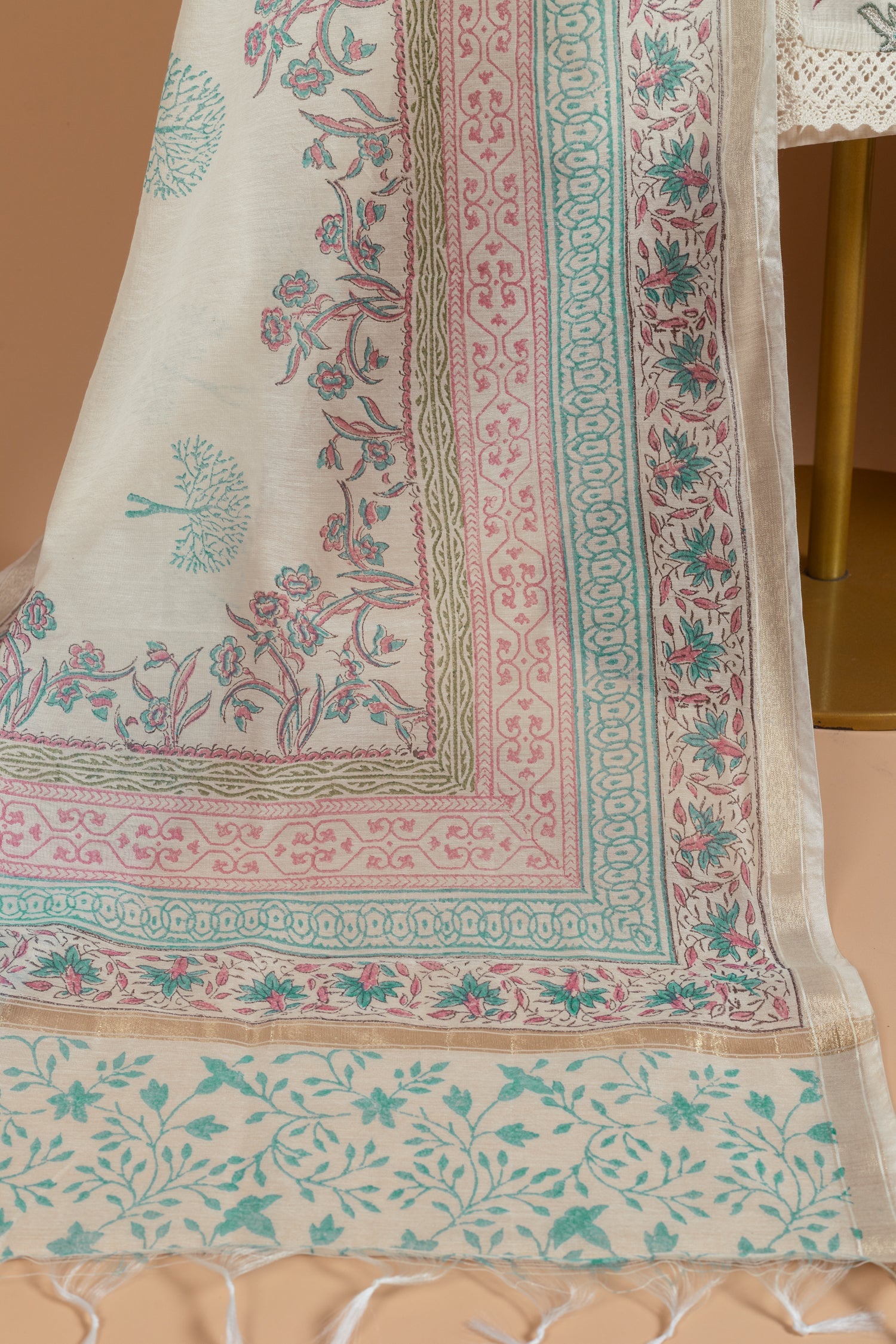 Luxe Chanderi Silk White With Teal Unstitched Suit Set Sterling House