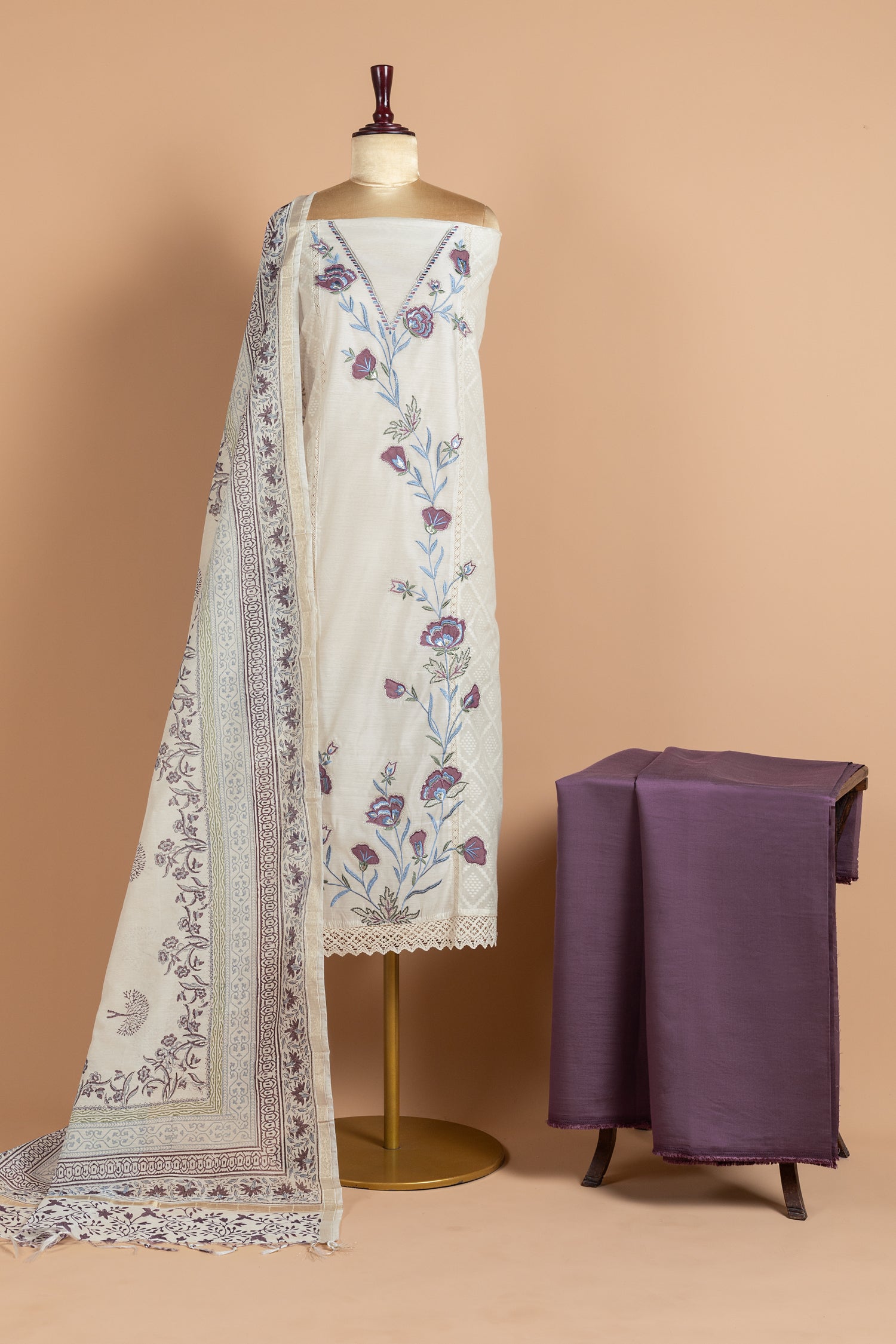 Luxe Chanderi Silk White With Purple Unstitched Suit Set