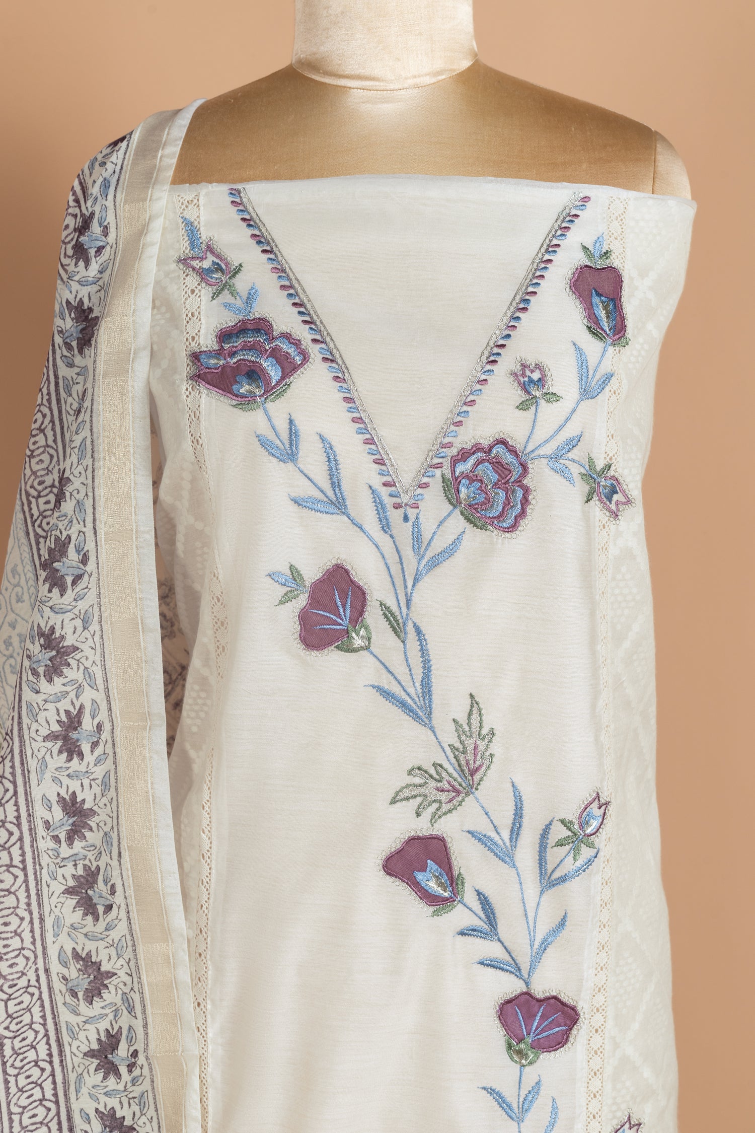 Luxe Chanderi Silk White With Purple Unstitched Suit Set