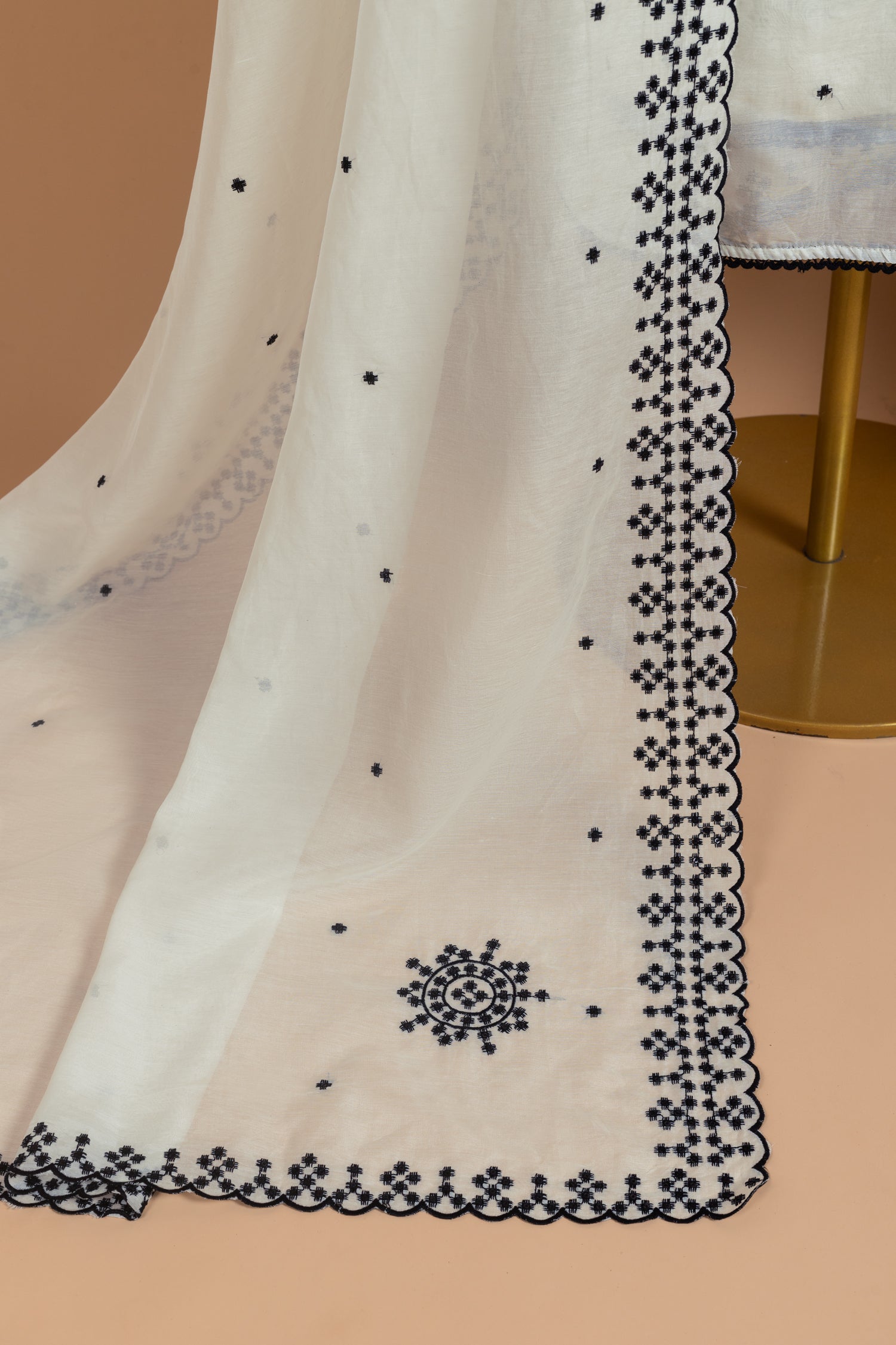 Luxe Mul Chanderi White With Black Unstitched Suit Set