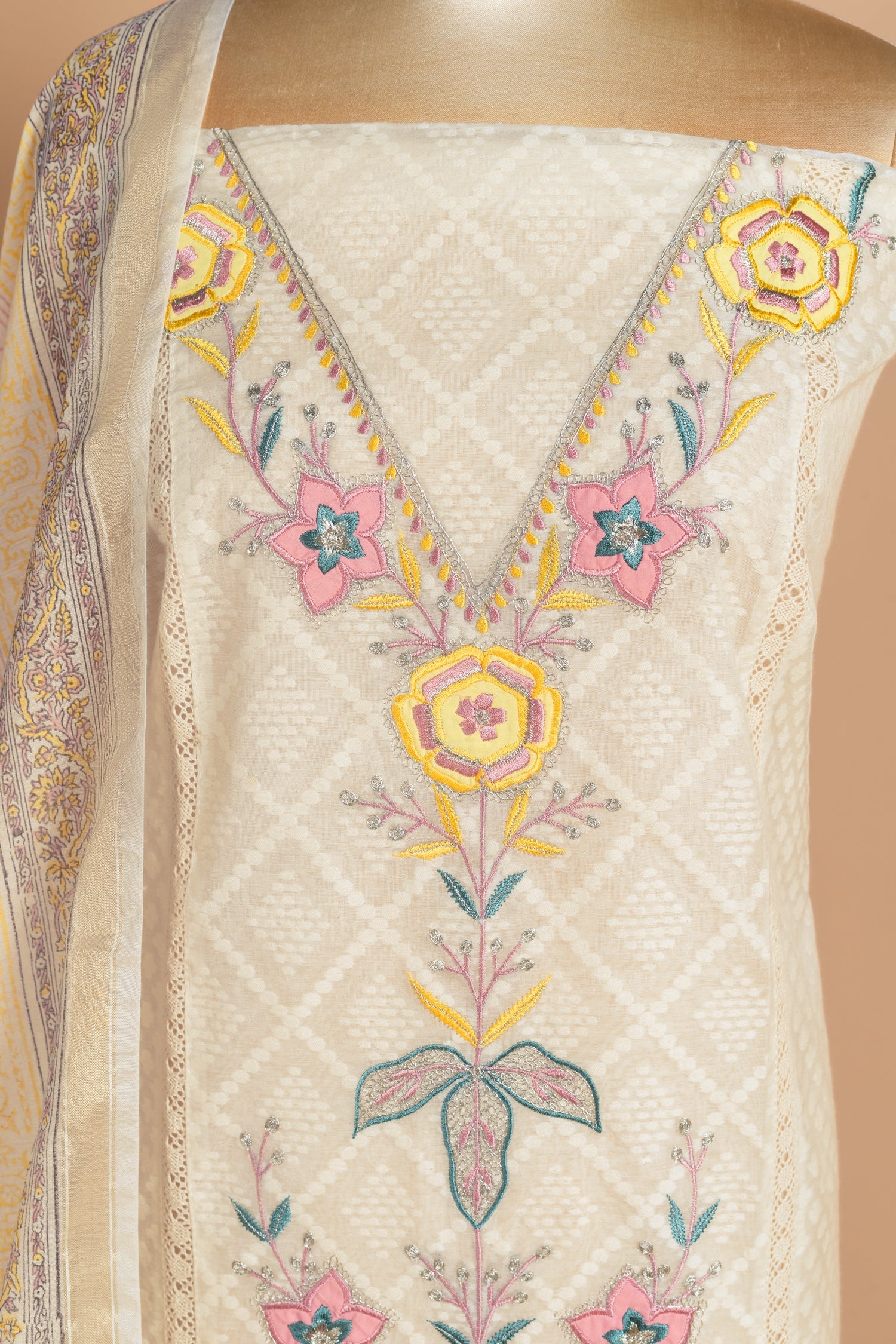 Luxe Jacuard Silk White With Yellow Unstitched Suit Set Sterling House