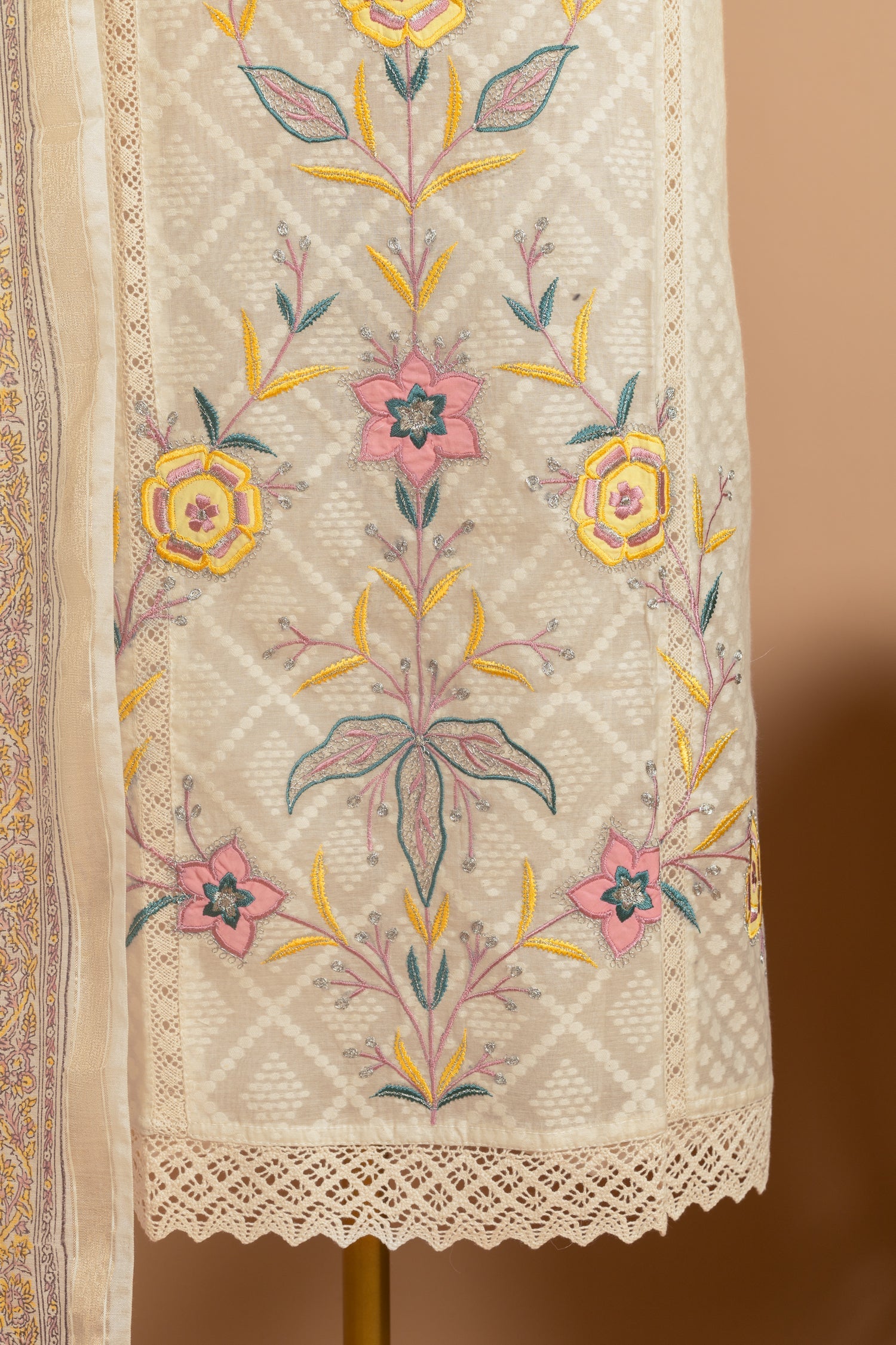 Luxe Jacuard Silk White With Yellow Unstitched Suit Set Sterling House