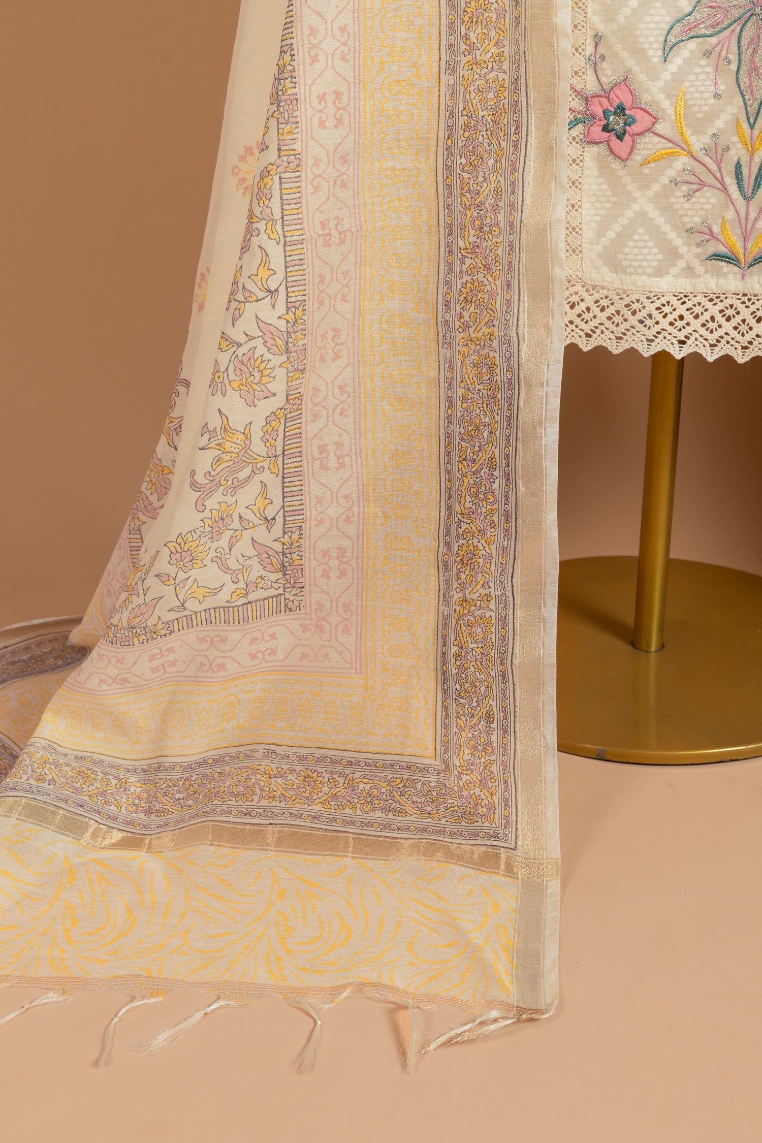 Luxe Jacuard Silk White With Yellow Unstitched Suit Set Sterling House