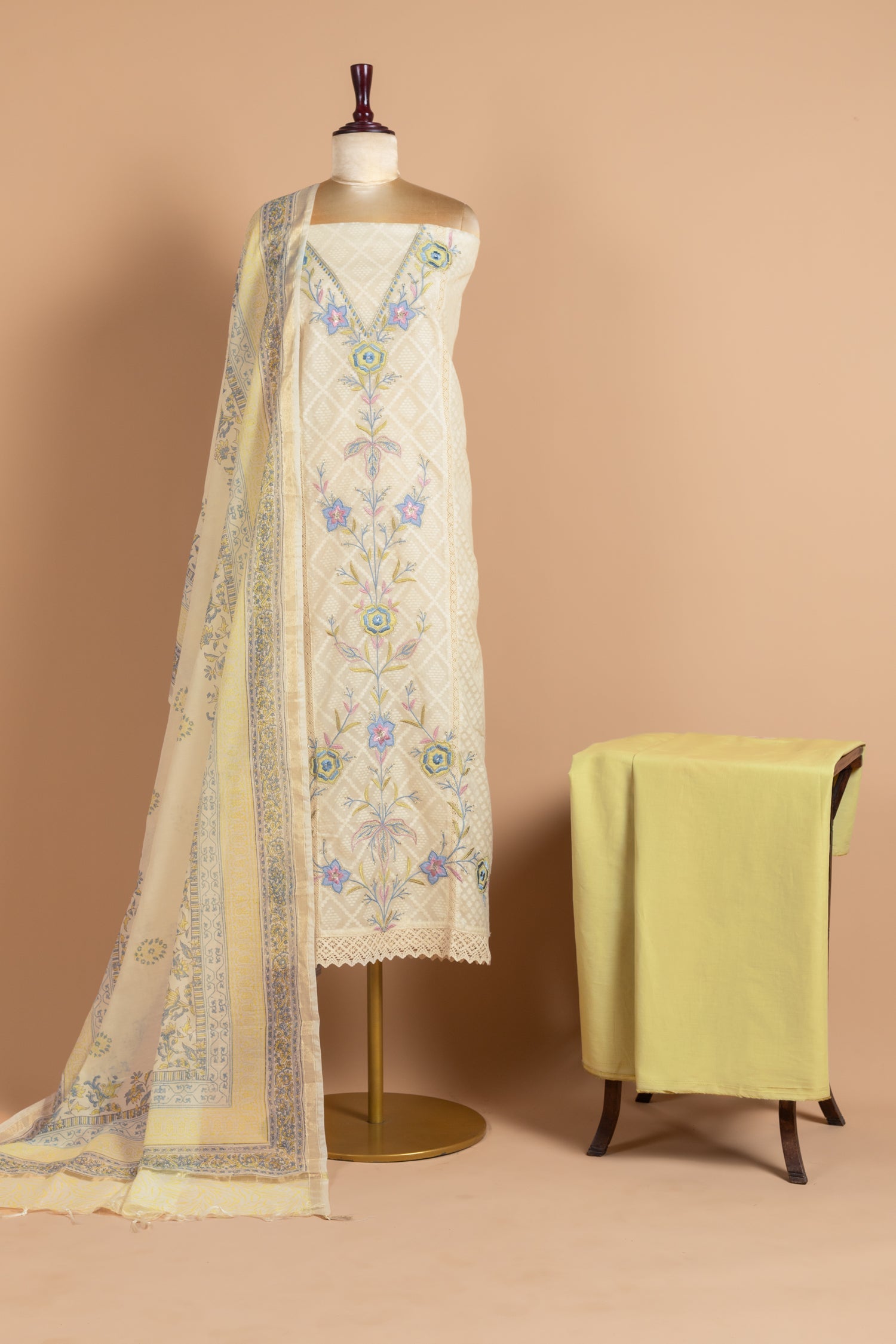 Luxe Jacuard Silk White With Neon Green Unstitched Suit Set Sterling House