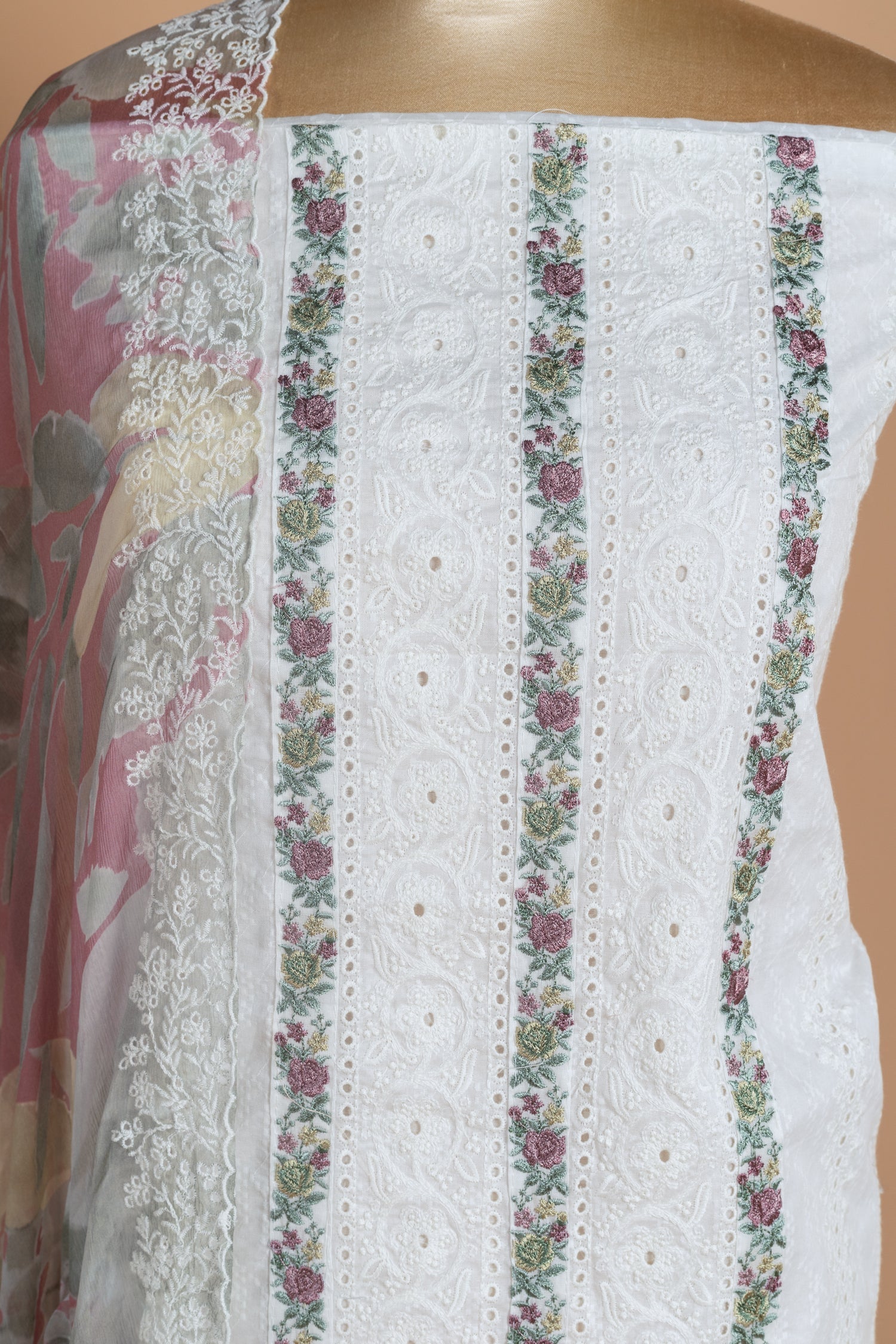 Roze Cotton White Unstitched Suit Set Sterling House