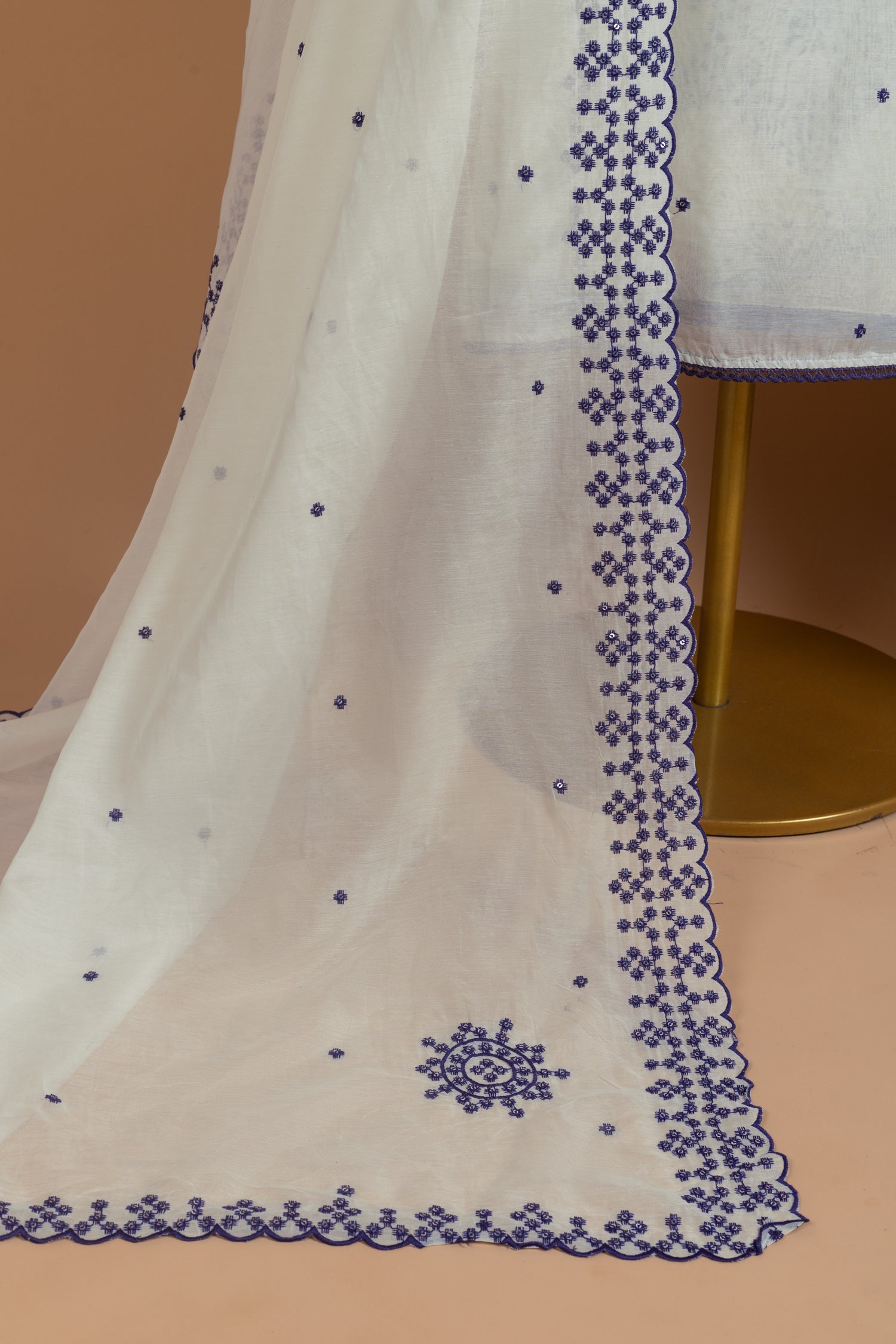 Luxe Mul Chanderi White With Blue Unstitched Suit Set