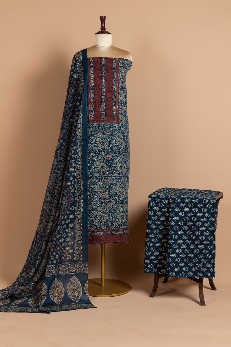 Blue Soft Cotton Unstitched Suit Set